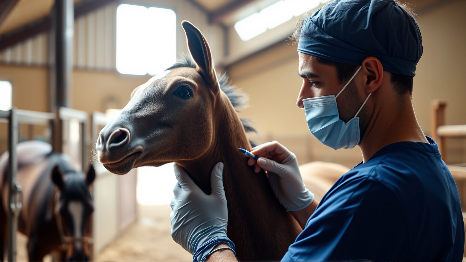 Close-up of a veterinarian in blue scrubs examining a foal’s neck before vaccination inside a well-lit barn