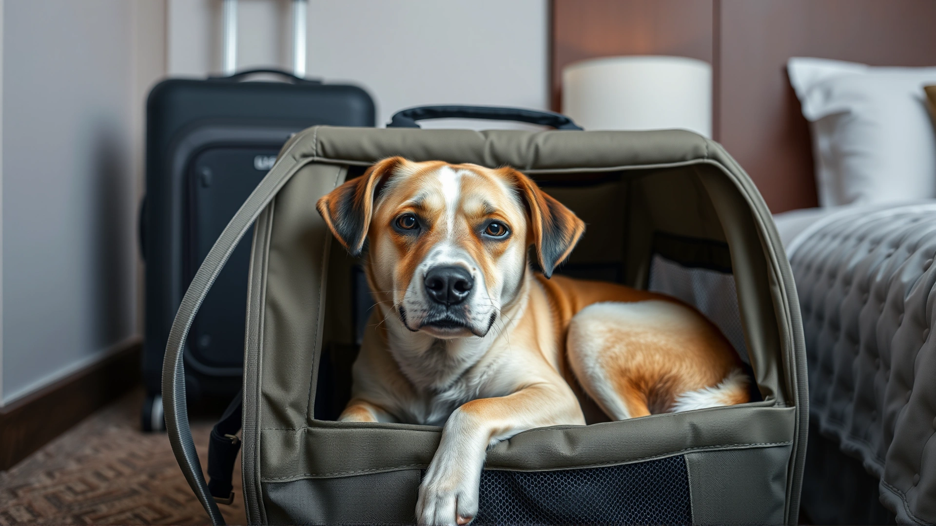 Dog resting inside a foldable soft-sided travel crate placed in a hotel room, suitcase visible in background