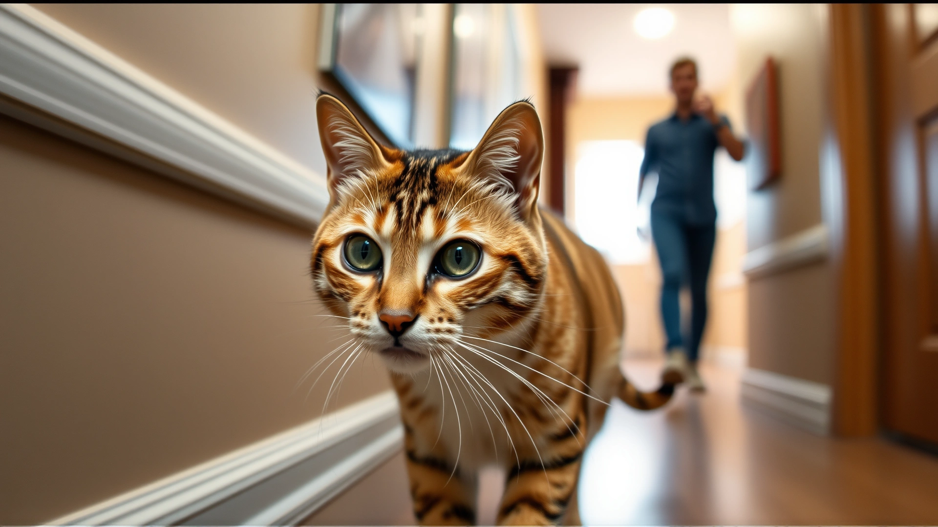 Curious cat following its owner down a hallway, both slightly blurred in motion, lifestyle shot.