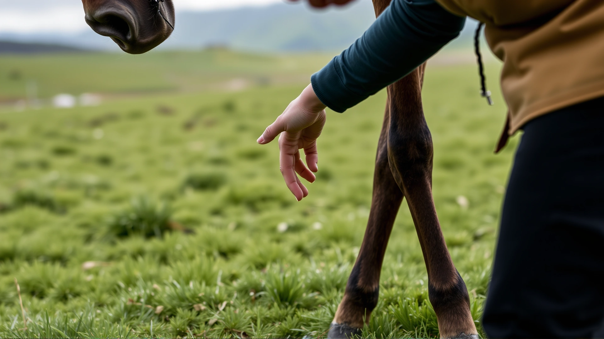 Soft-focus image of a horse owner gently checking a healing leg wound in a pasture, with green grass and rolling hills in the background.