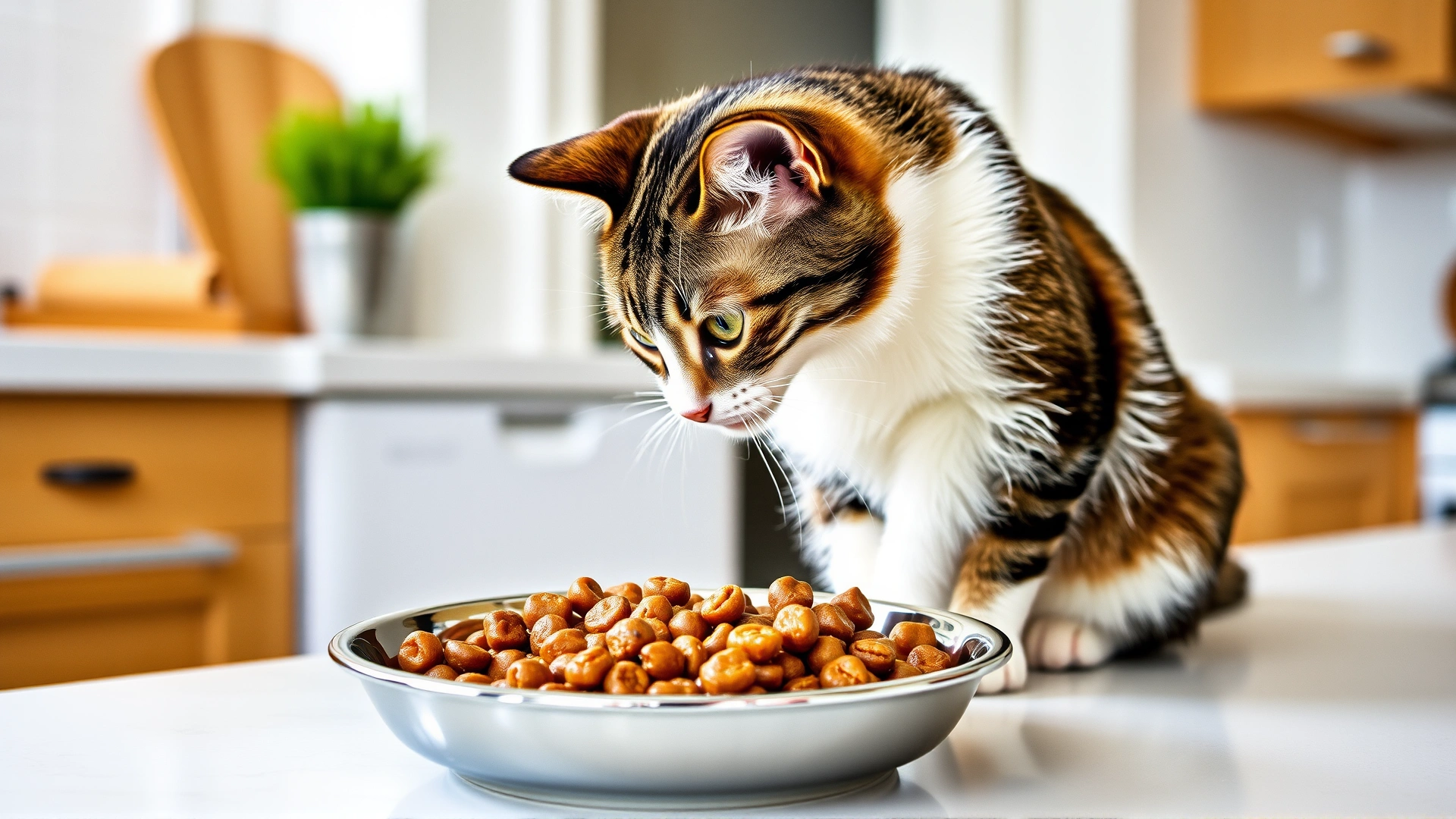 Cat sniffing a bowl of grain-free wet food on a clean kitchen counter, highlighting dietary management.