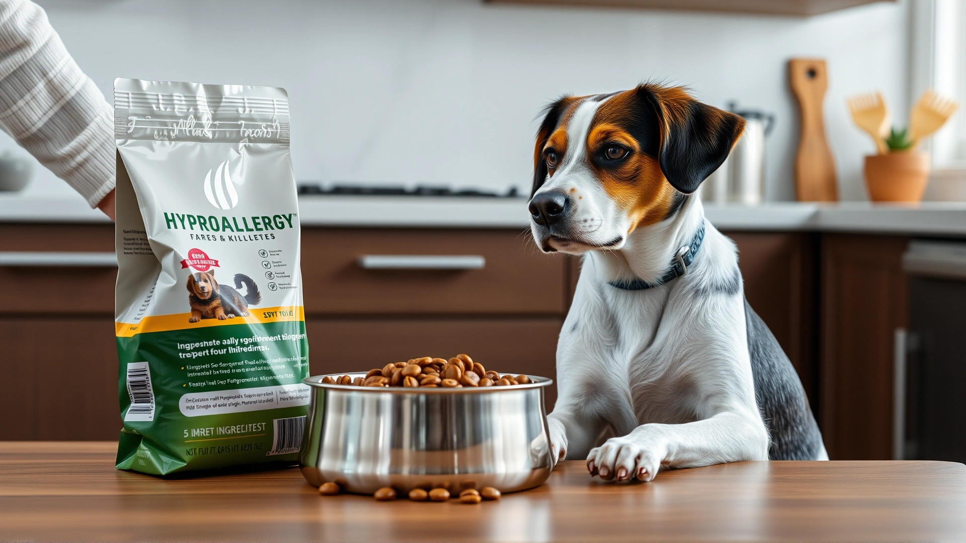 Dog sitting beside a stainless bowl filled with hypoallergenic kibble while the owner checks the ingredient list on the package on a kitchen counter