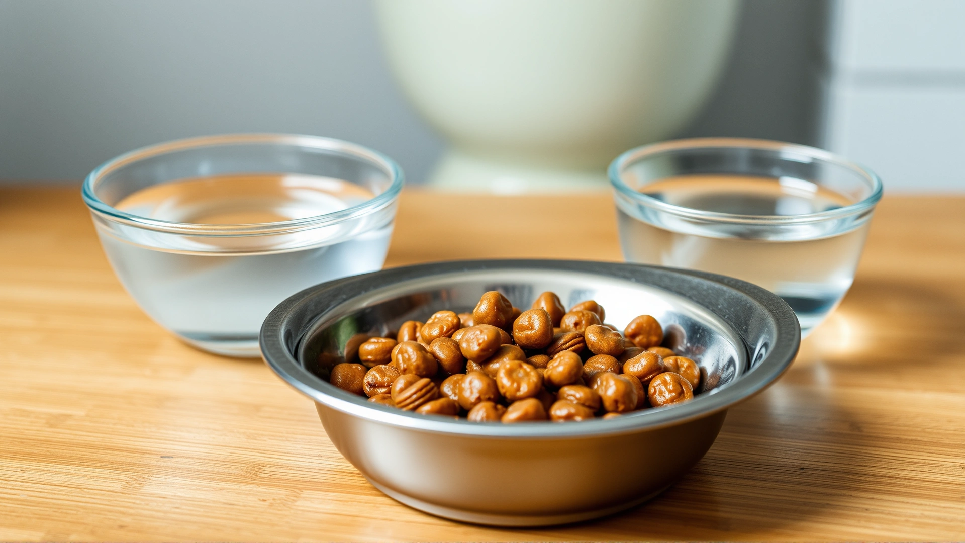 Small portion of wet cat food in a stainless steel dish next to a bowl of fresh water, simple kitchen background