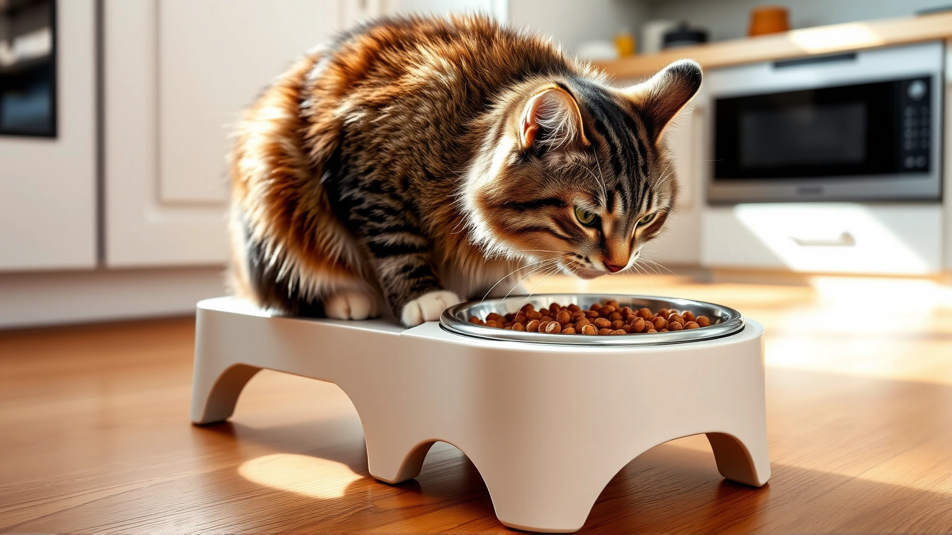 Elevated cat food bowl on a small step with a cat eating comfortably, the bowl raised about 10 cm off the floor. Bright kitchen setting.