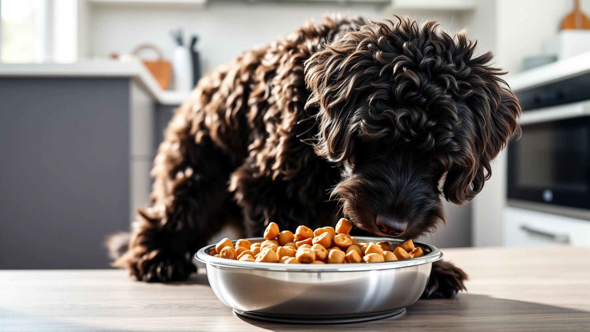 Curly-Coated Retriever eating balanced kibble from a stainless-steel bowl in a bright modern kitchen.