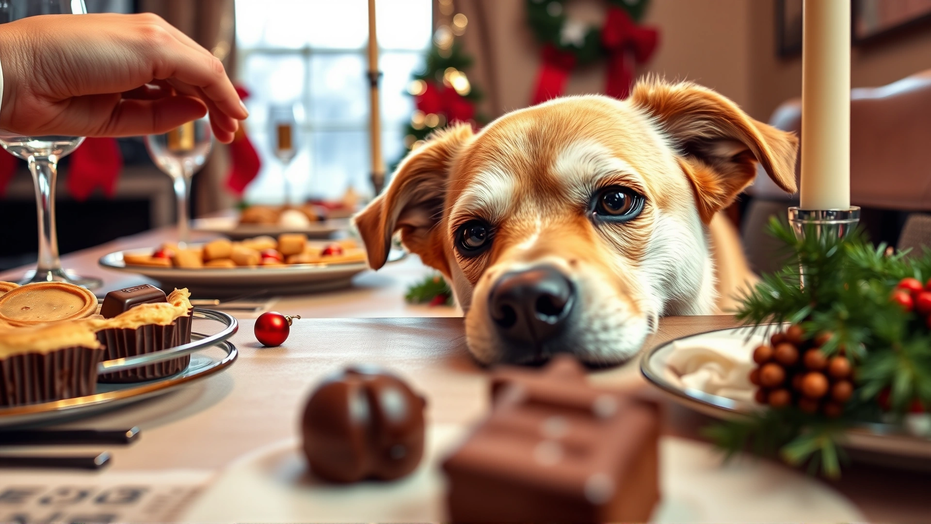 Close-up of a festive dining table with holiday foods, with a curious dog peeking over the edge while a hand gently stops it from reaching chocolate desserts.