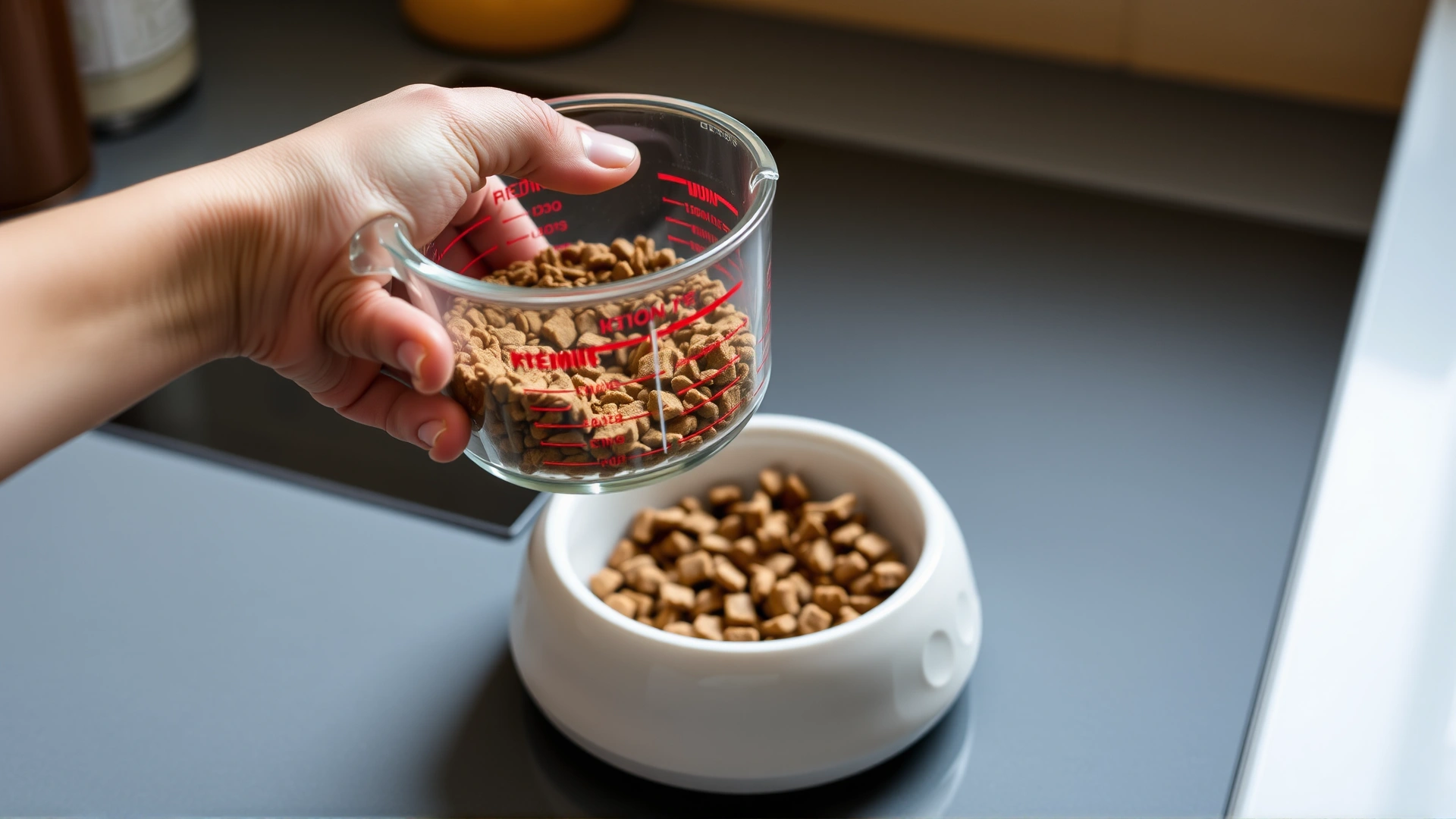 Hand holding a transparent measuring cup filled with dry cat kibble over a pet bowl on a kitchen counter.