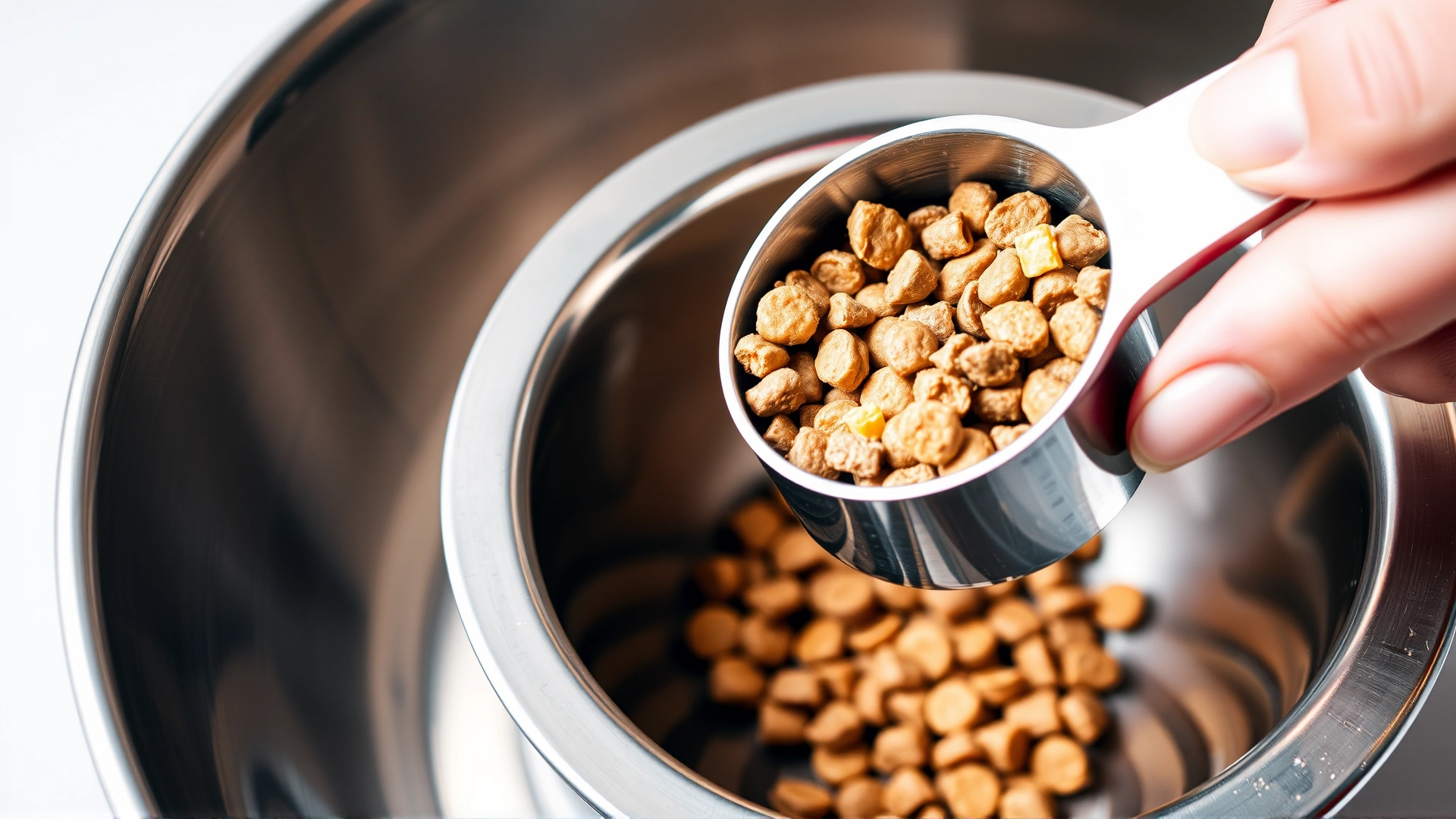 Close-up of a hand measuring dry dog food into a stainless steel bowl with measuring cup