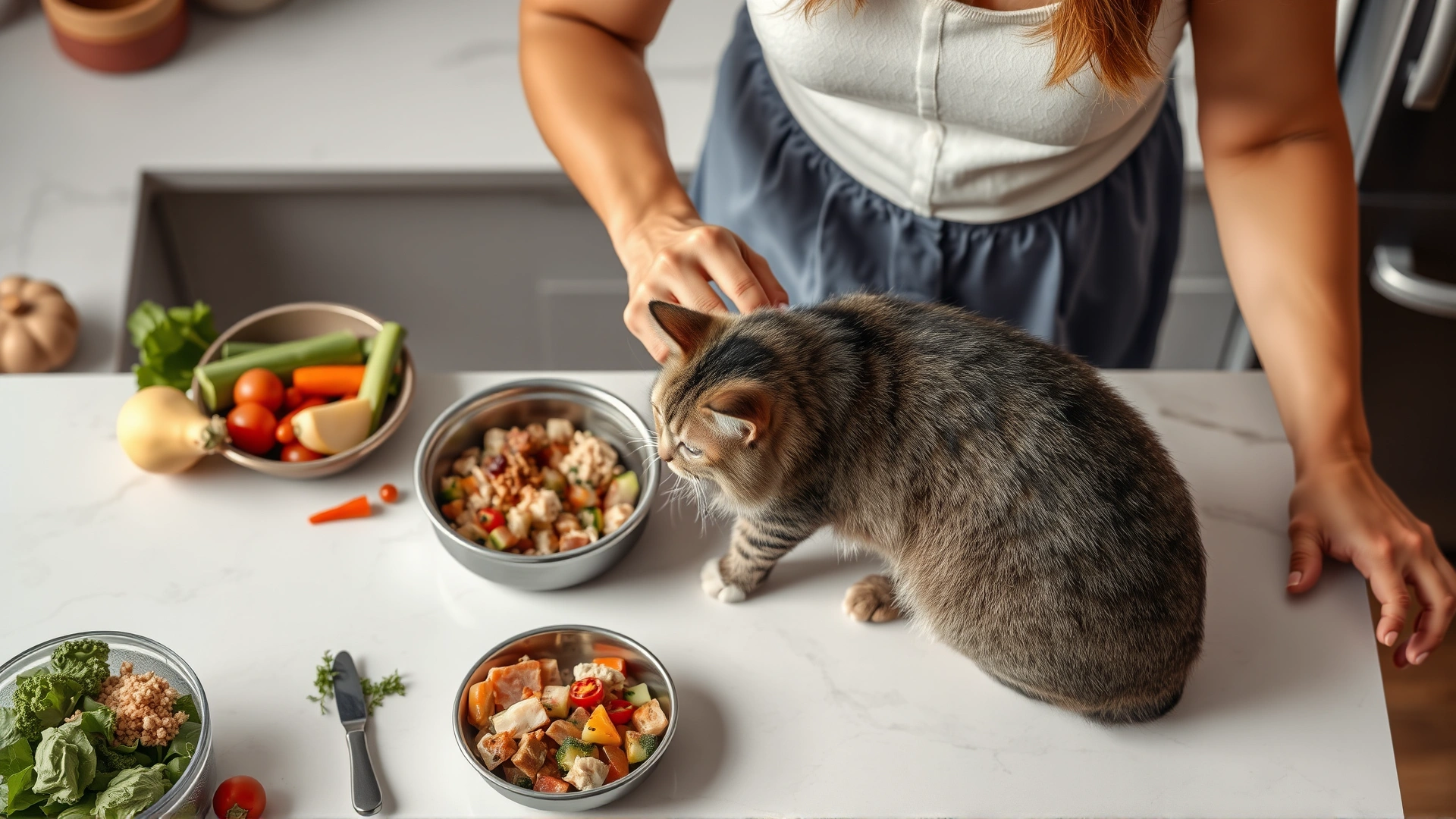 Owner preparing a balanced cooked elimination diet for a cat on a clean kitchen counter, visible ingredients like novel protein and vegetables, overhead view