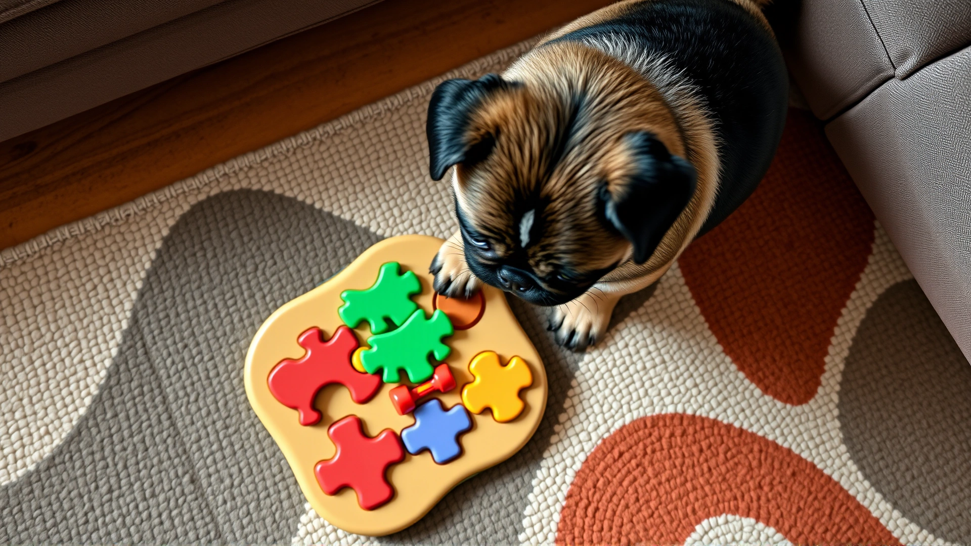 Puggle solving a colorful interactive food puzzle toy on a living-room rug, top-down view.