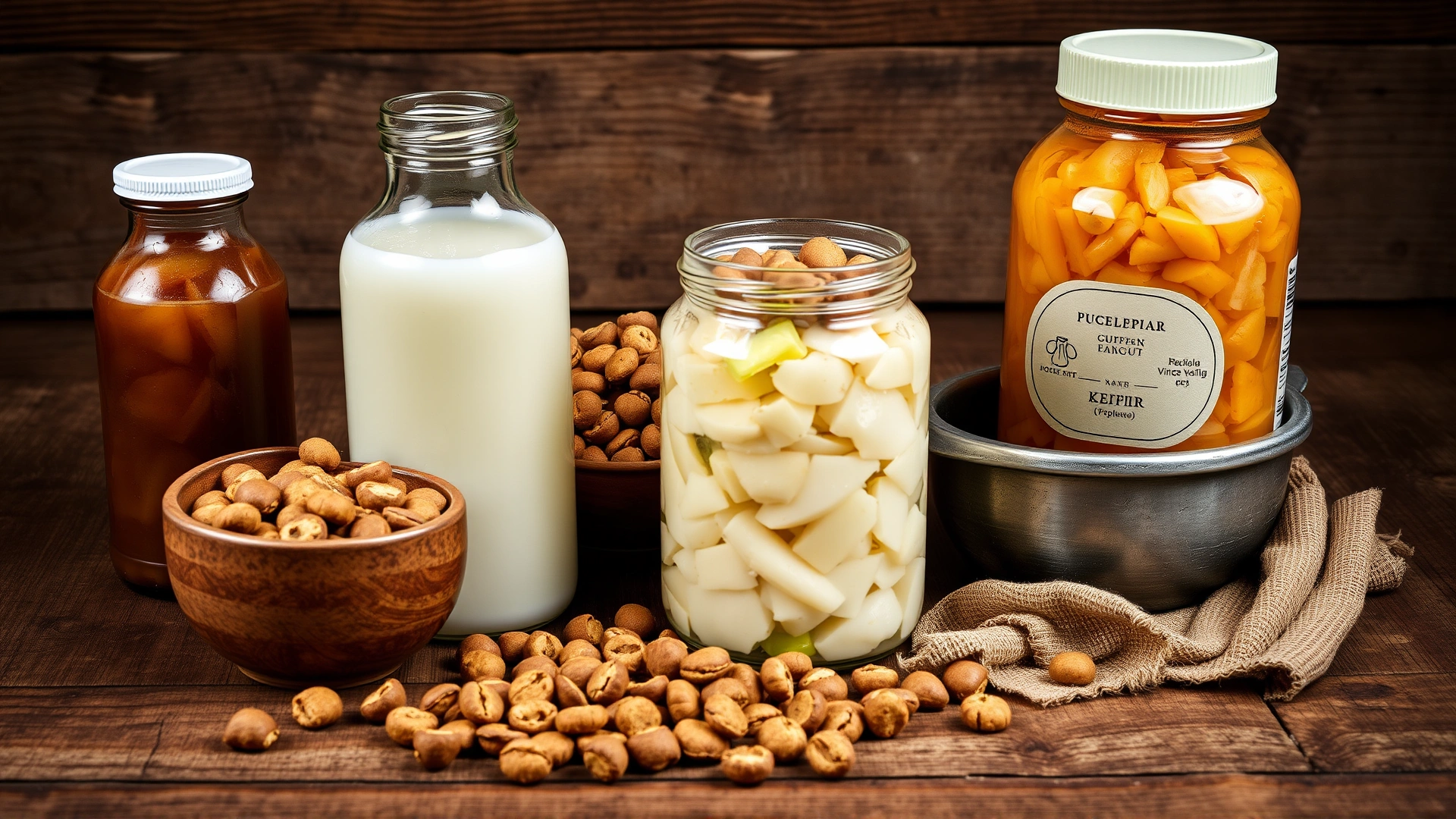 High-quality tabletop shot of assorted fermented foods (kefir bottle, sauerkraut jar) arranged beside a bowl of dog kibble on a rustic wooden surface.
