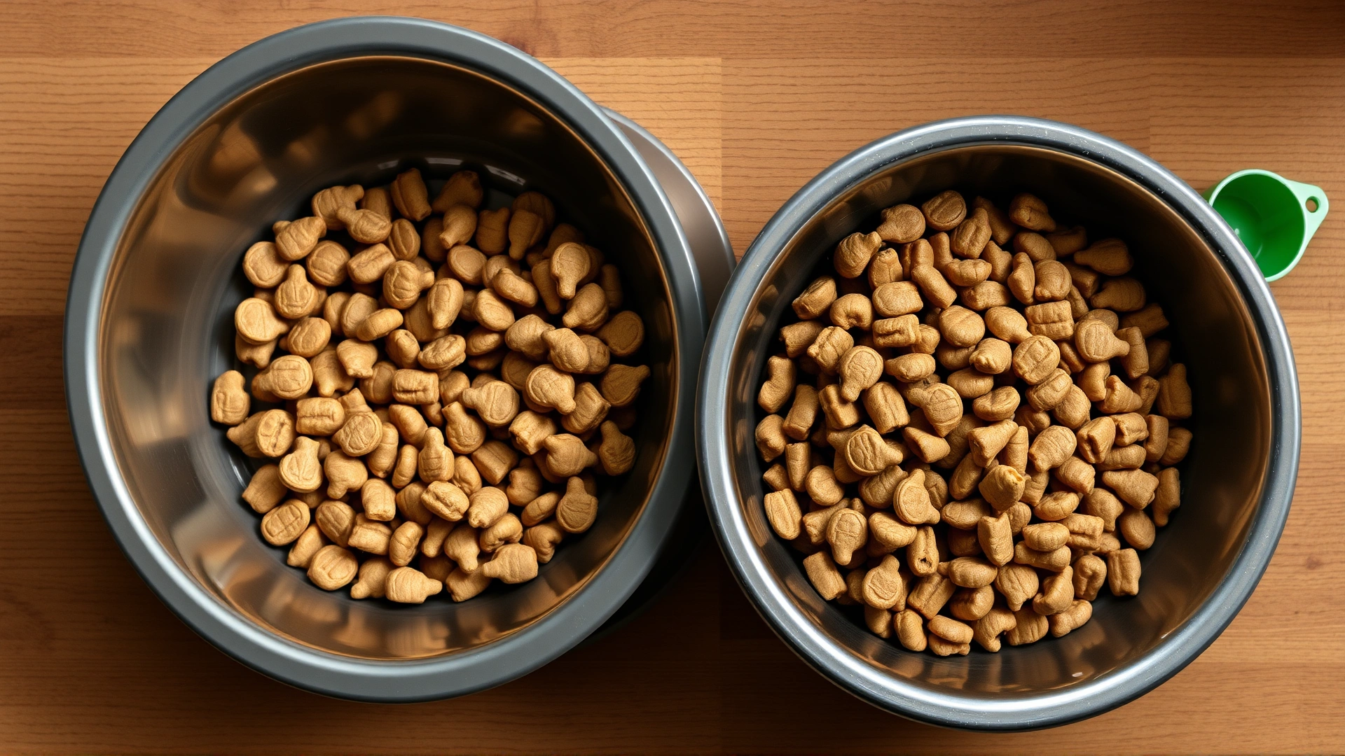Two dog bowls: one filled with old kibble, one containing a gradual mix of old and new Hill's food, placed on a wooden surface with a measuring scoop nearby.