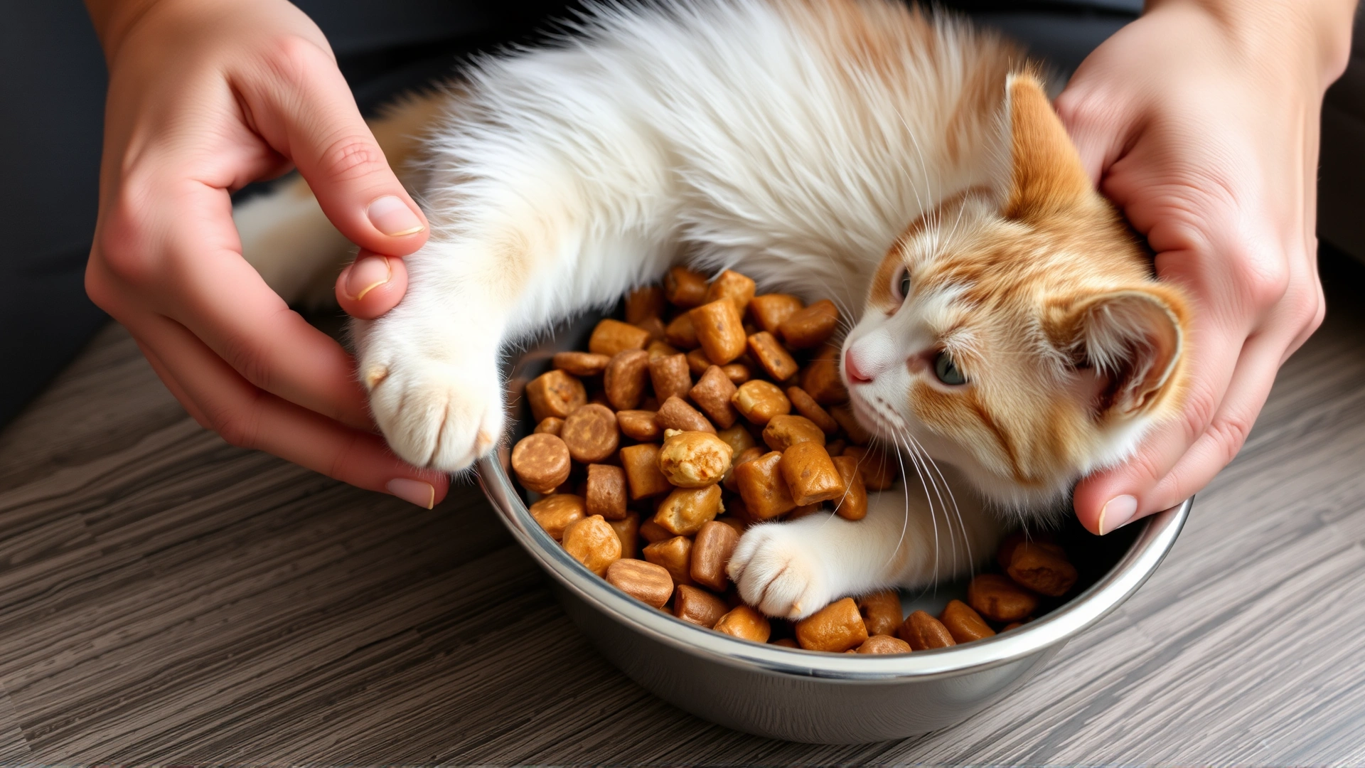 Cat owner’s hands gradually mixing new renal diet wet food into the cat’s usual food inside a stainless steel bowl