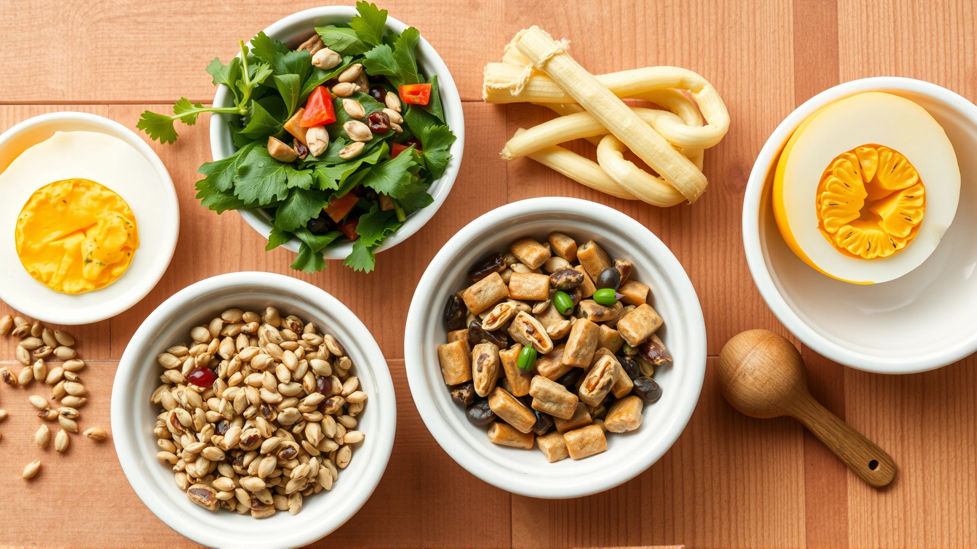Flat lay of assorted hamster-safe foods: seeds mix, fresh vegetables, boiled egg slice, displayed neatly on small ceramic dishes on wooden table