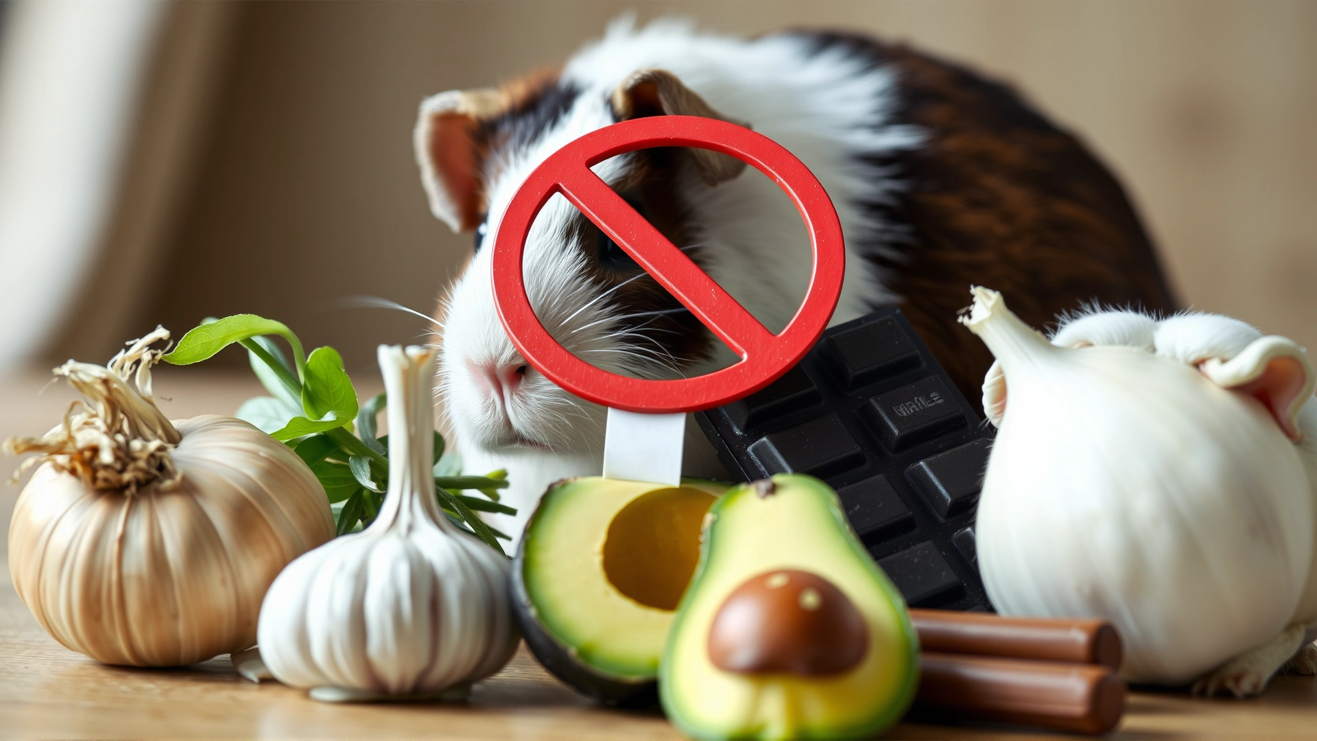 Still life composition of prohibited foods for guinea pigs (onion, garlic, chocolate, avocado) with a prominent red 'no' sign, guinea pig blurred in background for context.
