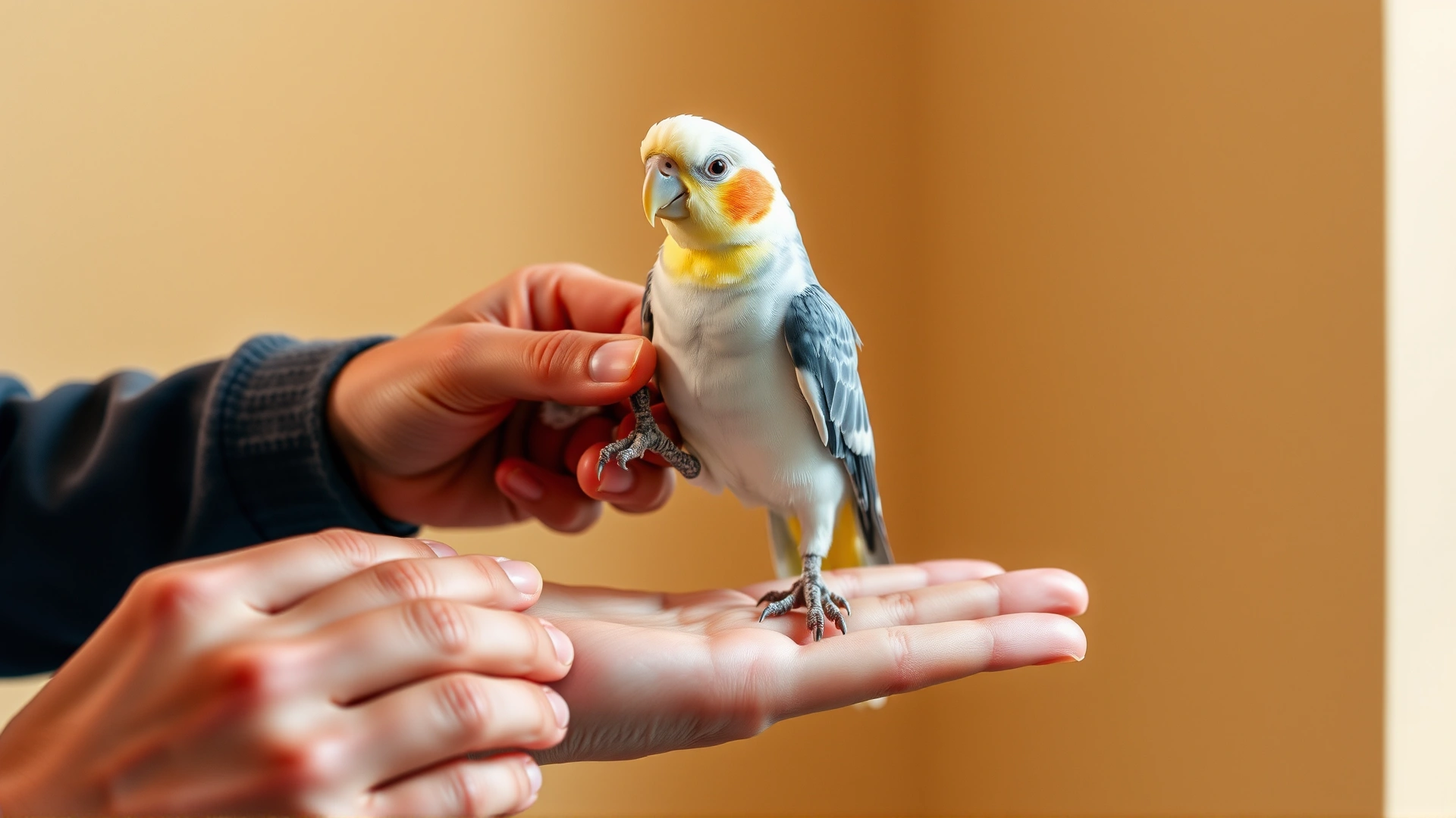 A medium shot of a cockatiel standing on a hand, lifting one foot while the owner gently holds and massages the lifted foot, warm neutral background