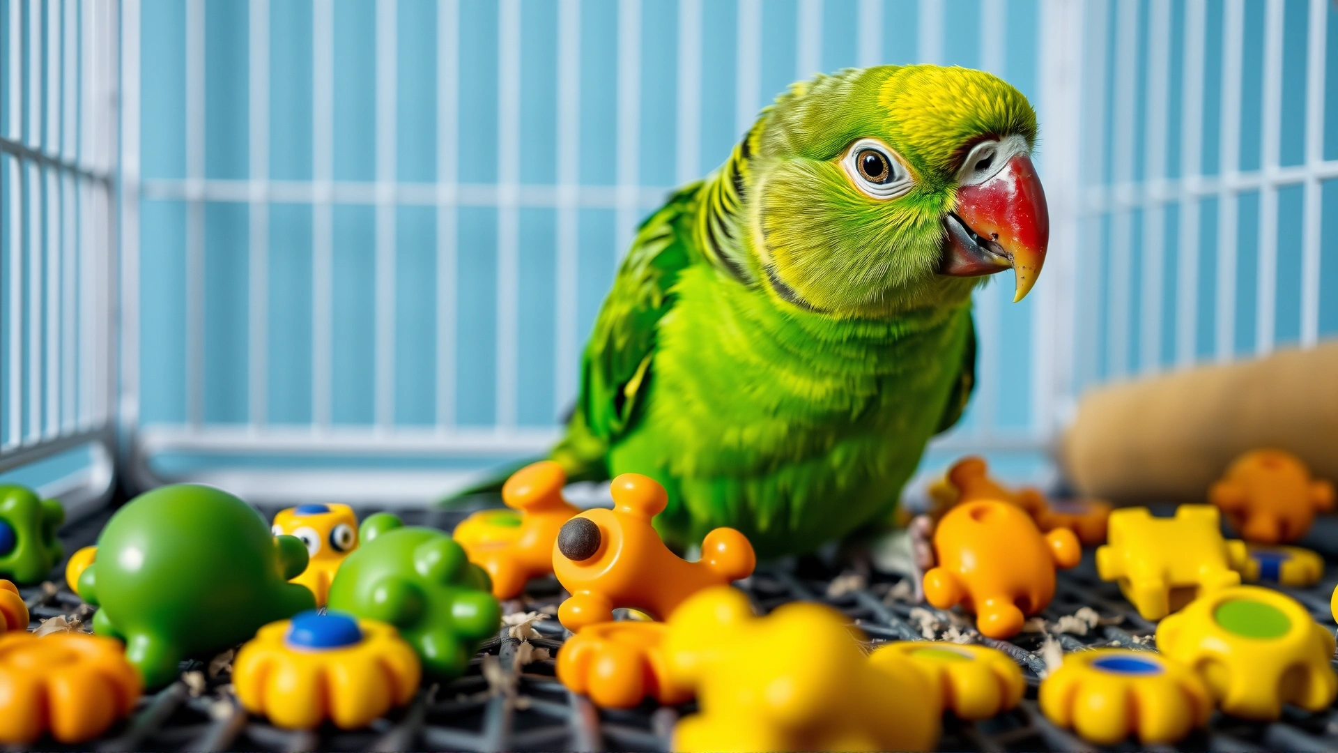 Bright acrylic foot toys scattered at the bottom of a cage with a green cheek conure investigating them