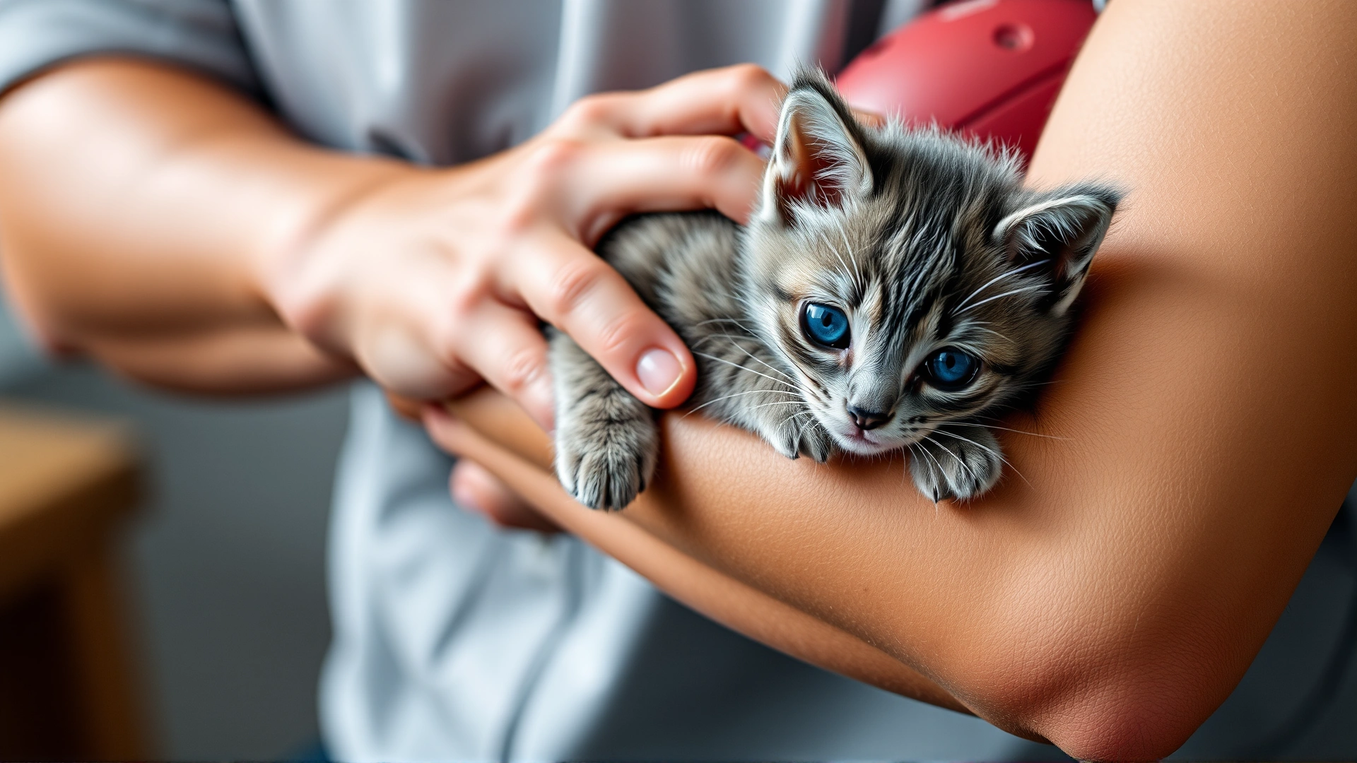 Person cradling a small grey kitten along their forearm in a football hold style