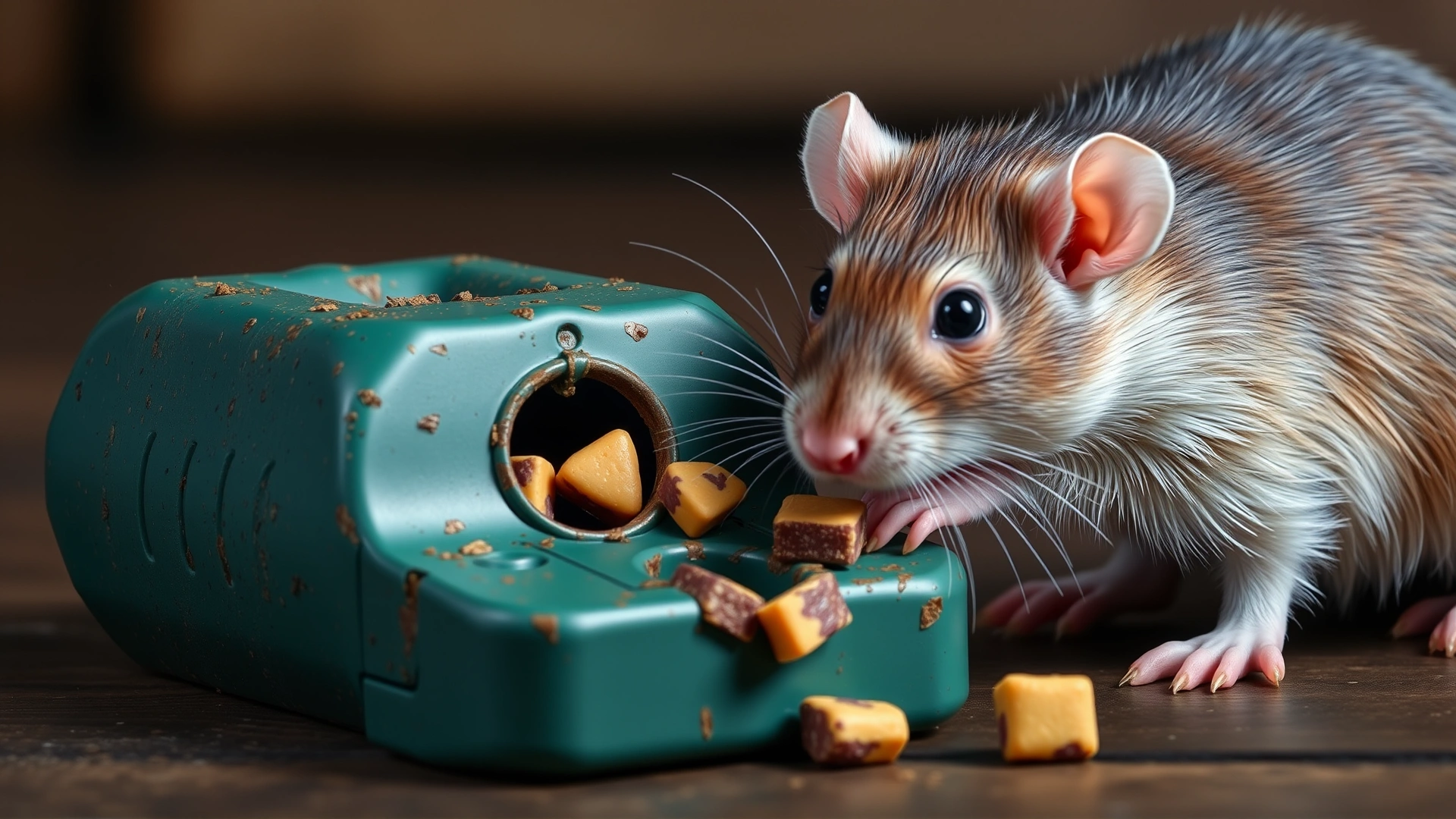 Pet rat manipulating a small treat puzzle toy to access hidden food rewards