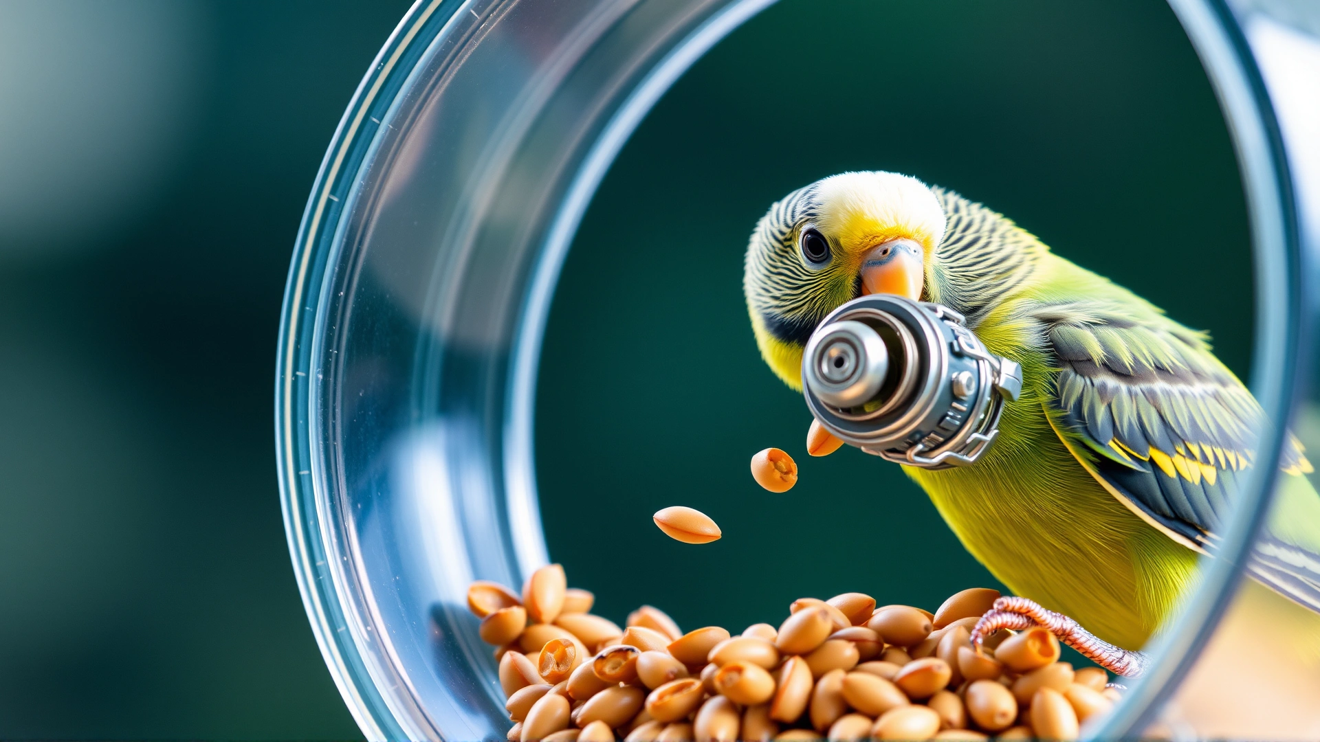 Small parakeet extracting seeds from a transparent foraging wheel toy, focus on the toy mechanism