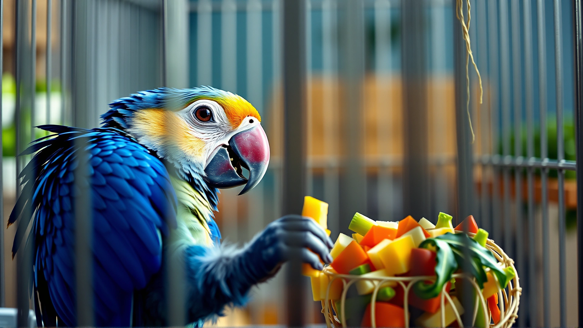 Parrot interacting with a foraging toy filled with vegetable pieces inside a spacious cage, shallow depth of field, playful mood