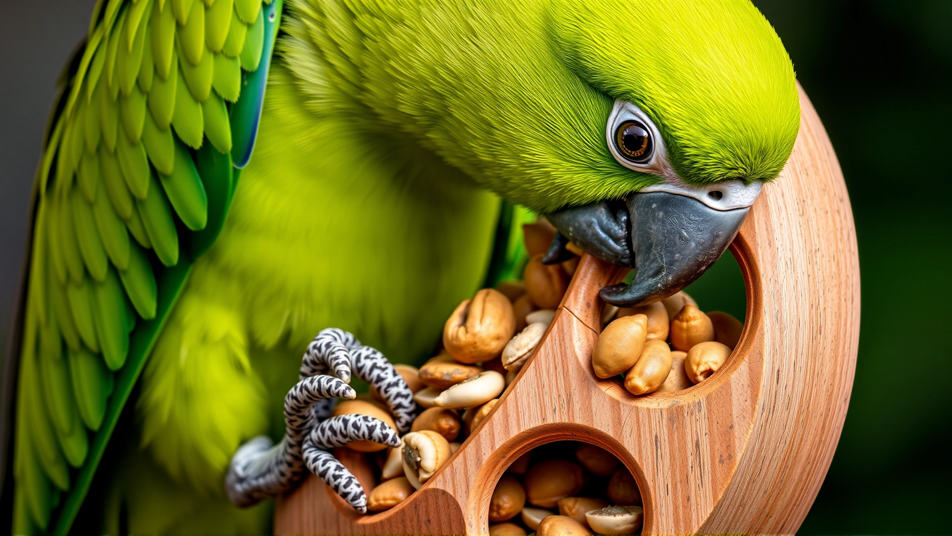 Green parrot actively pulling treats from a foraging puzzle toy filled with seeds and nuts.