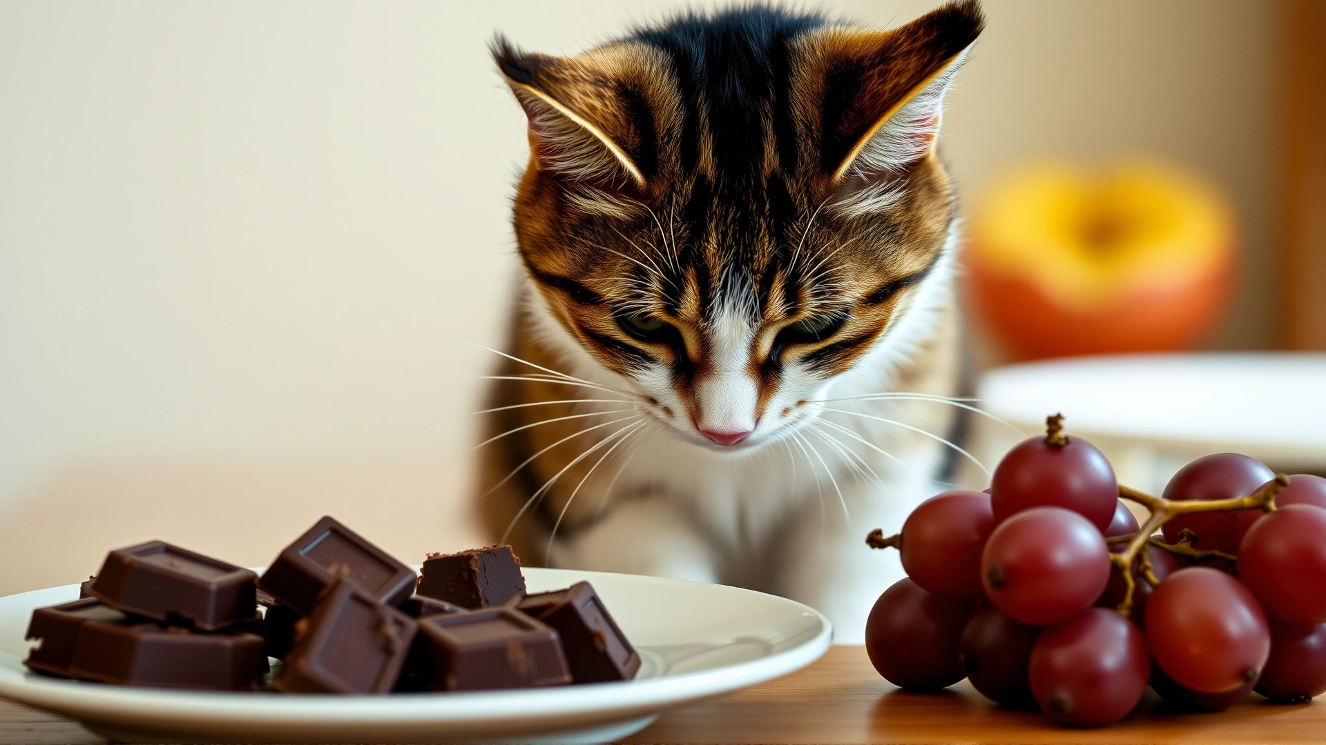 Cat turning away from a plate containing chocolate pieces and grapes, blurred background highlighting the dangerous foods.