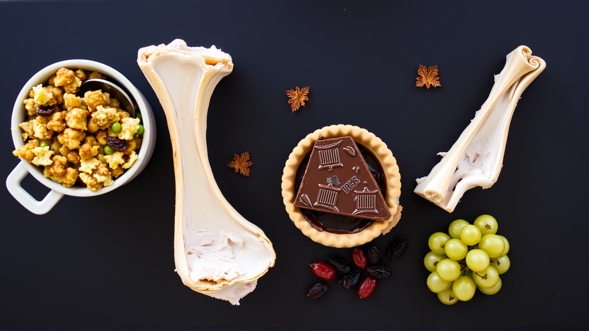 Overhead view of common dangerous Thanksgiving foods for dogs: stuffing bowl, cooked turkey bones, chocolate pie slice, grapes and raisins scattered on a dark surface.