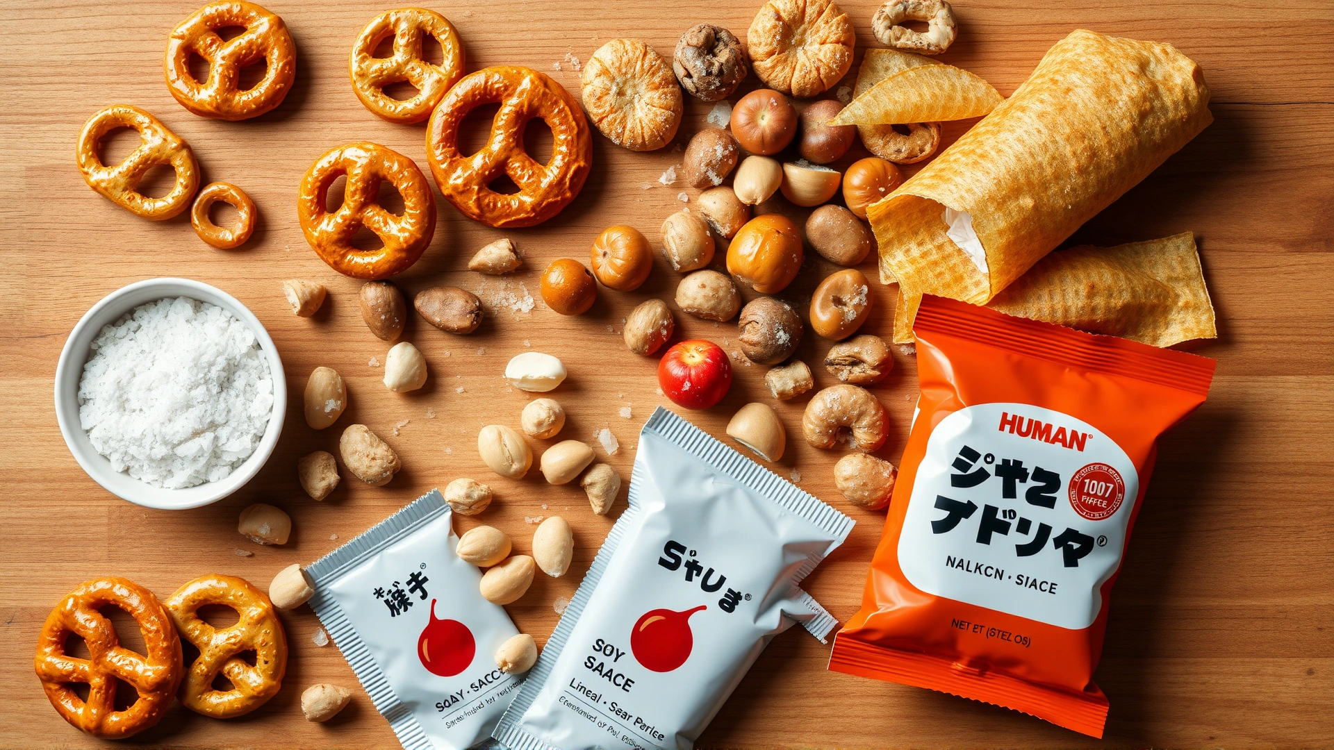 Flat lay of various salty human snacks like pretzels, salted nuts, chips, and soy sauce packets on a wooden surface