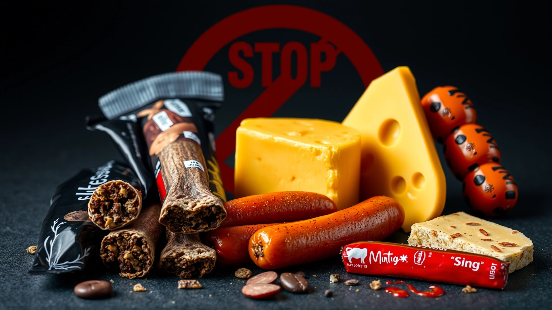 Array of forbidden foods for dogs (chocolate bars, cooked bones, spicy sausages, cheese) displayed with a red stop sign iconography in background.