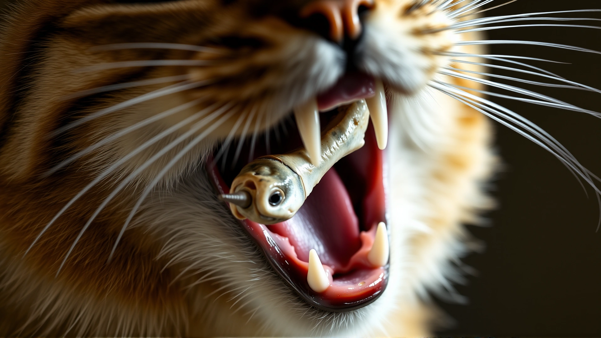 Close-up of a cat opening its mouth showing a small fish bone lodged in the upper palate, dramatic lighting to highlight the object