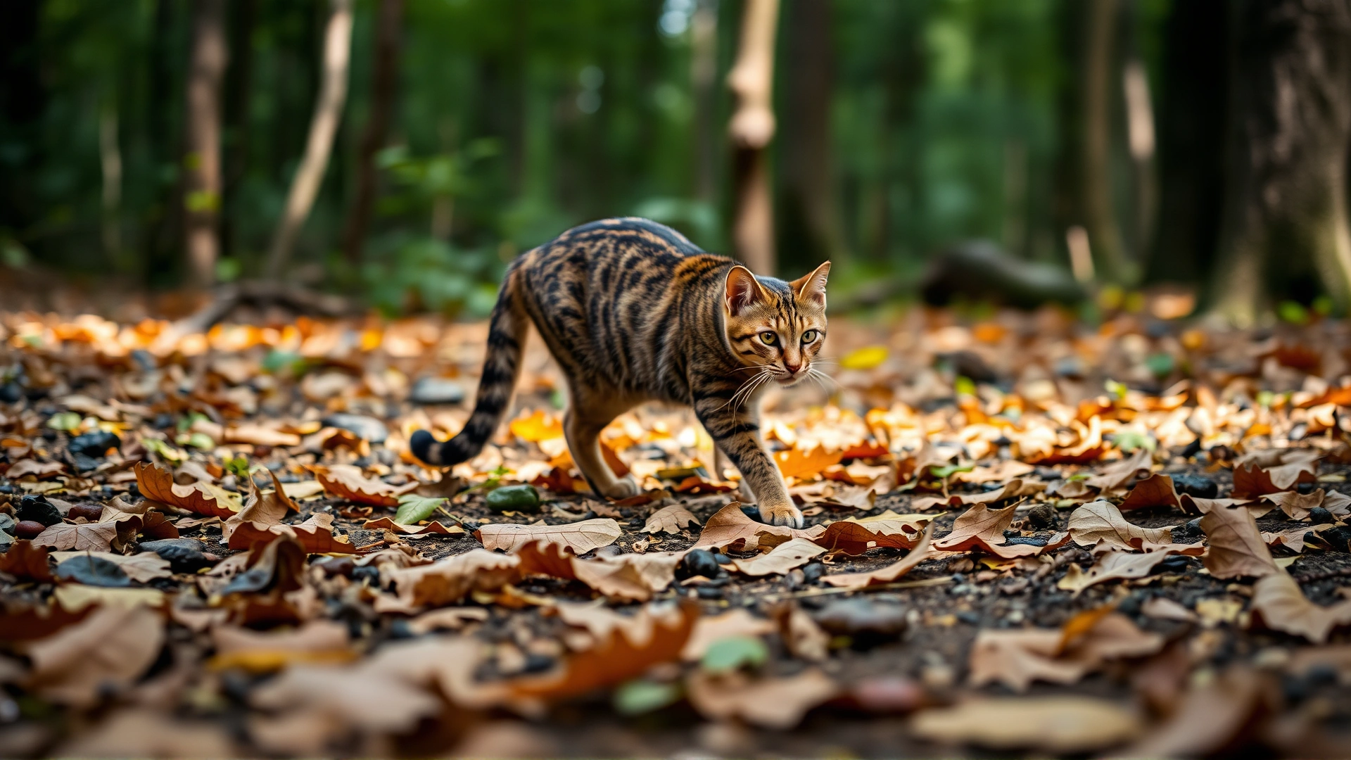 A Sokoke Forest cat walking on fallen leaves in a forest environment, shallow depth of field, vibrant colors.