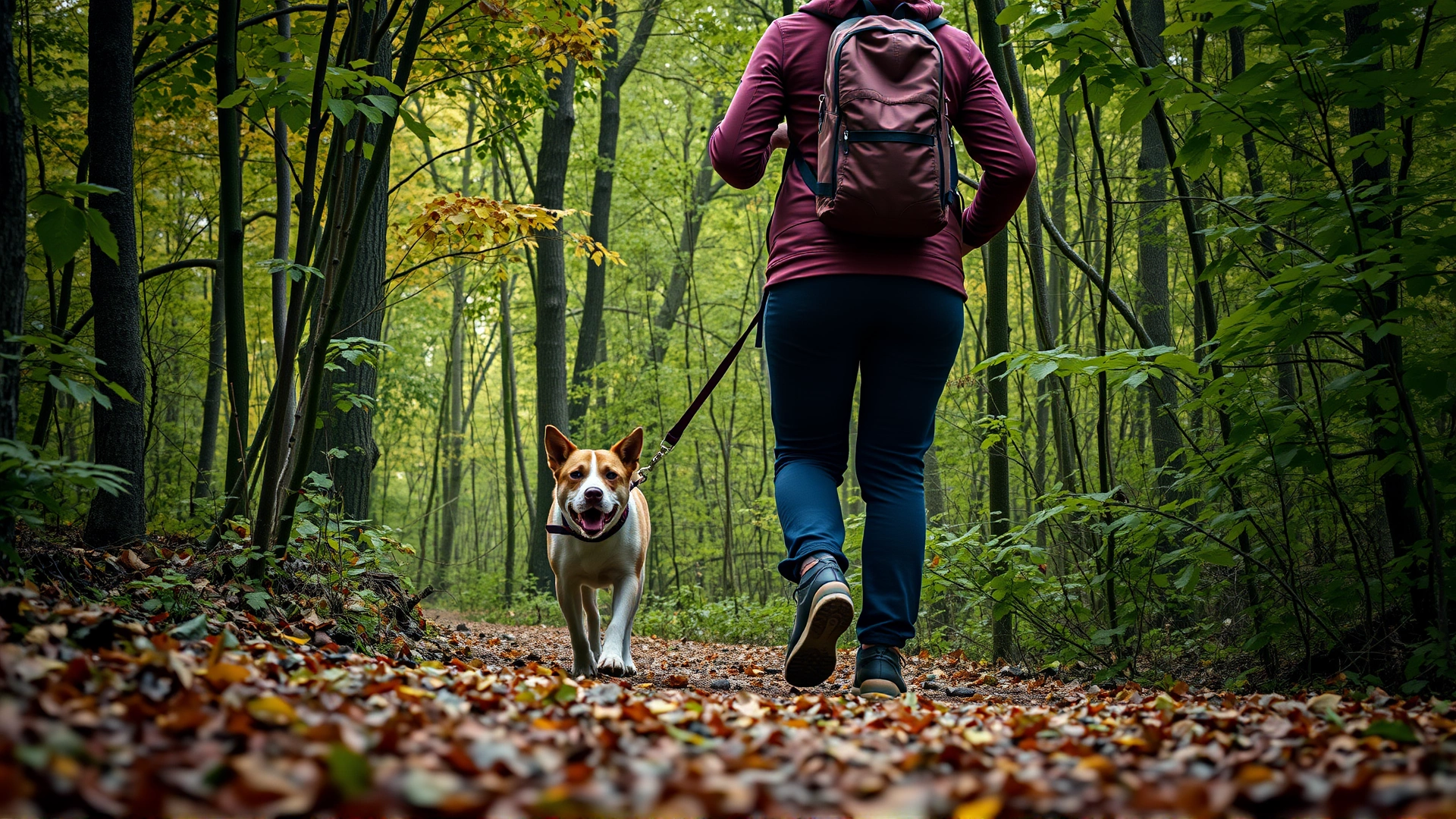 Person hiking in a dense, leafy forest with their dog on a leash; fallen leaves cover the ground.