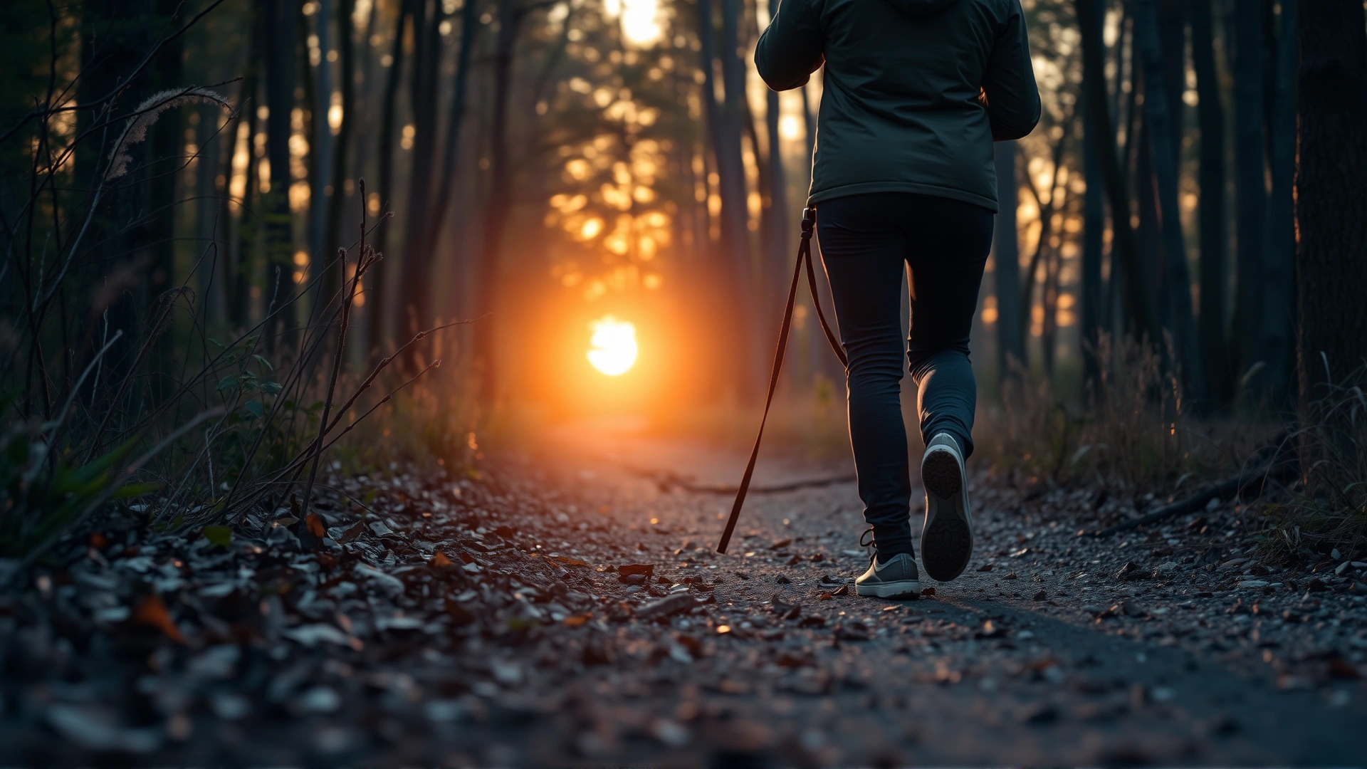 A calm dog walking on a quiet wooded trail beside its owner during golden hour, representing a peaceful alternative activity