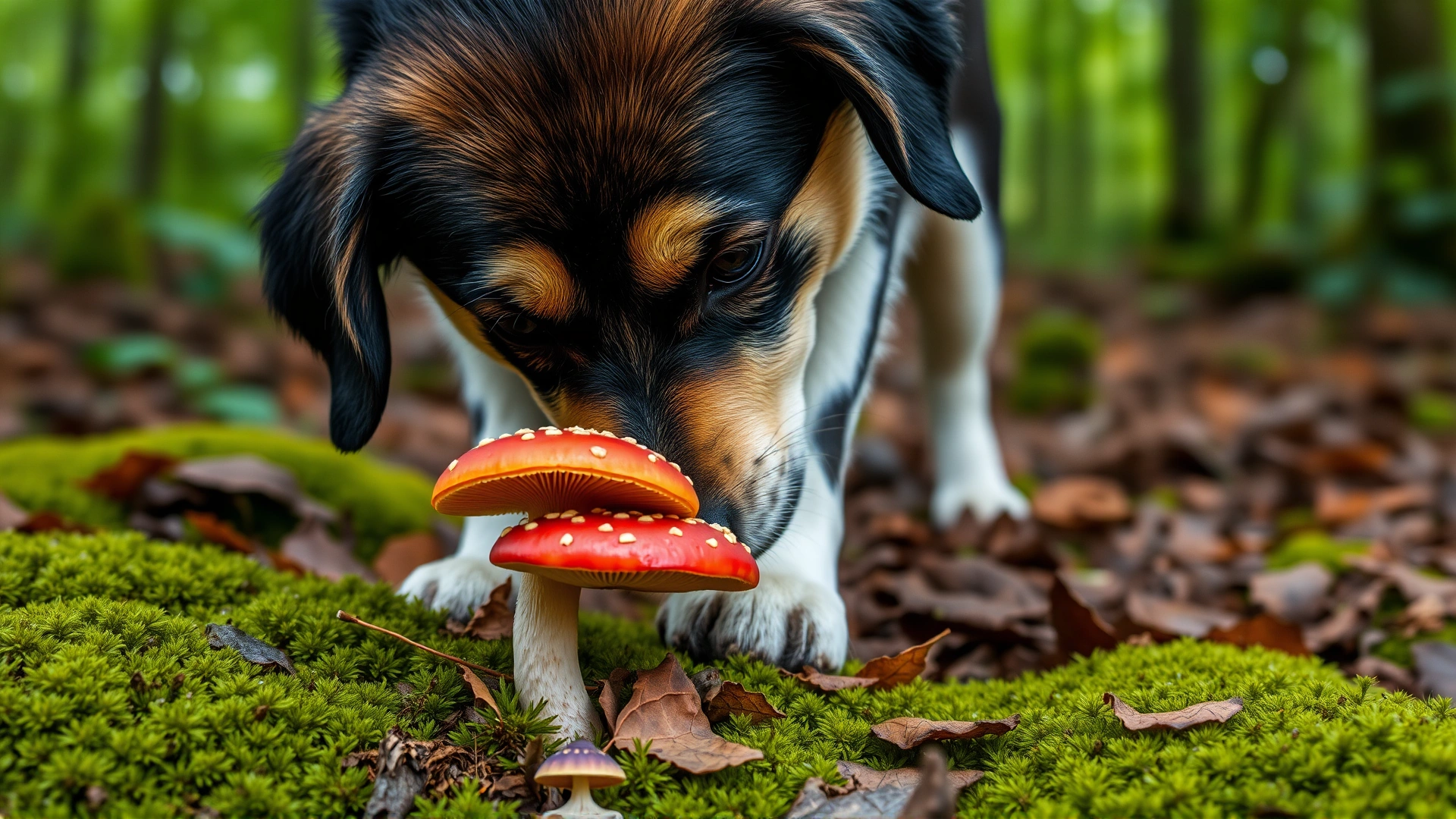 Curious dog sniffing a colorful wild mushroom on a forest floor covered with moss and leaves