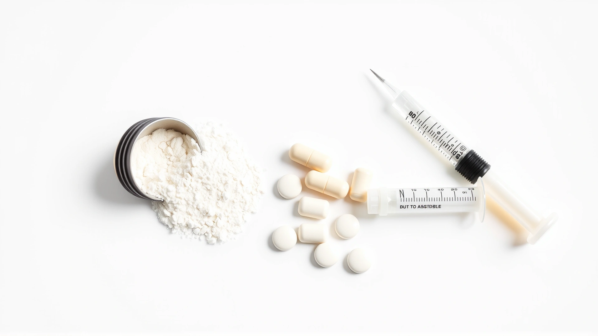 Flat lay of different potassium supplement forms for pets: tablets, powder scoop, and oral gel syringe, on a clean white background, no text.