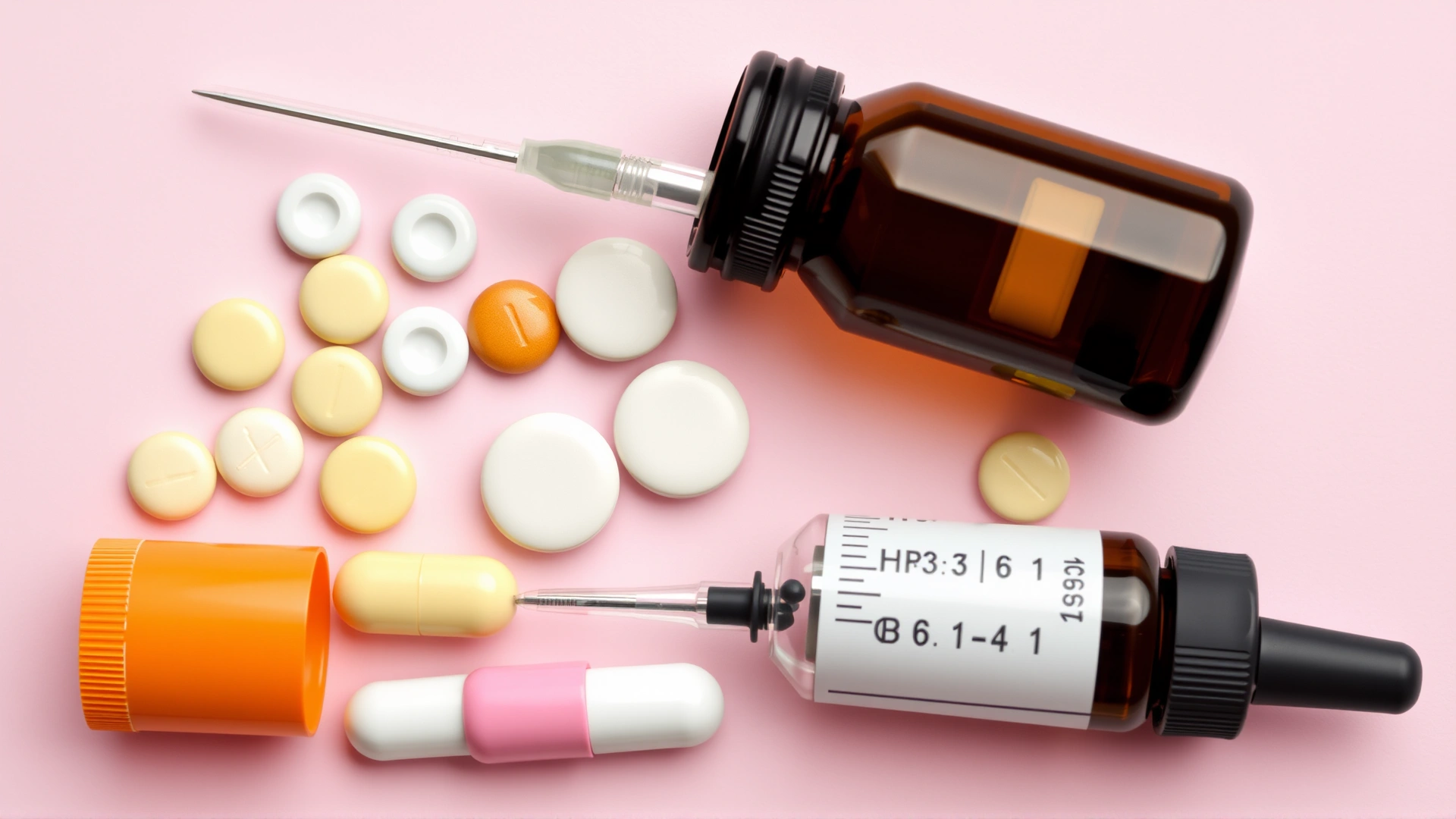 Flat lay of various veterinary medication forms: tablets, capsules, oral liquid syringe, ointment tube, and ear dropper bottle, shot on pastel background