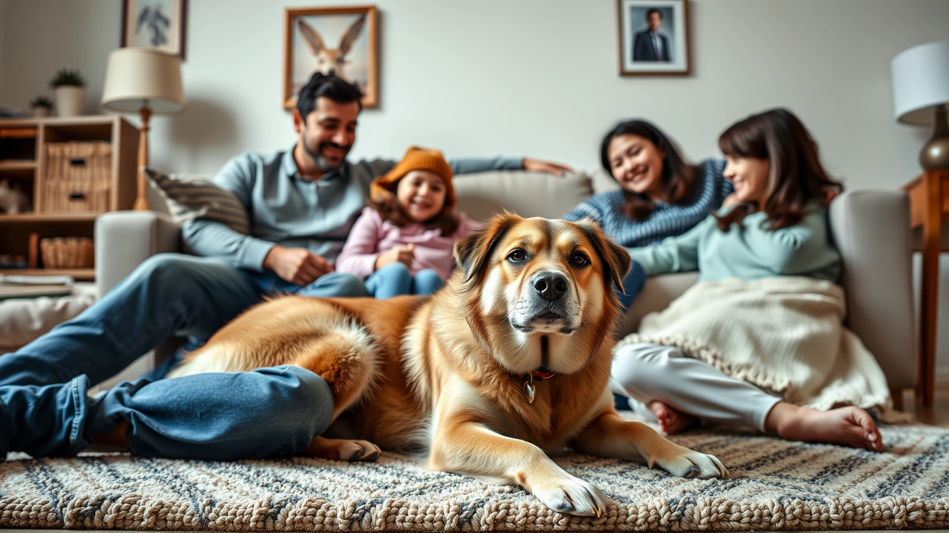 A calm living room scene with a family playing with a foster dog that looks relaxed on a cozy rug.