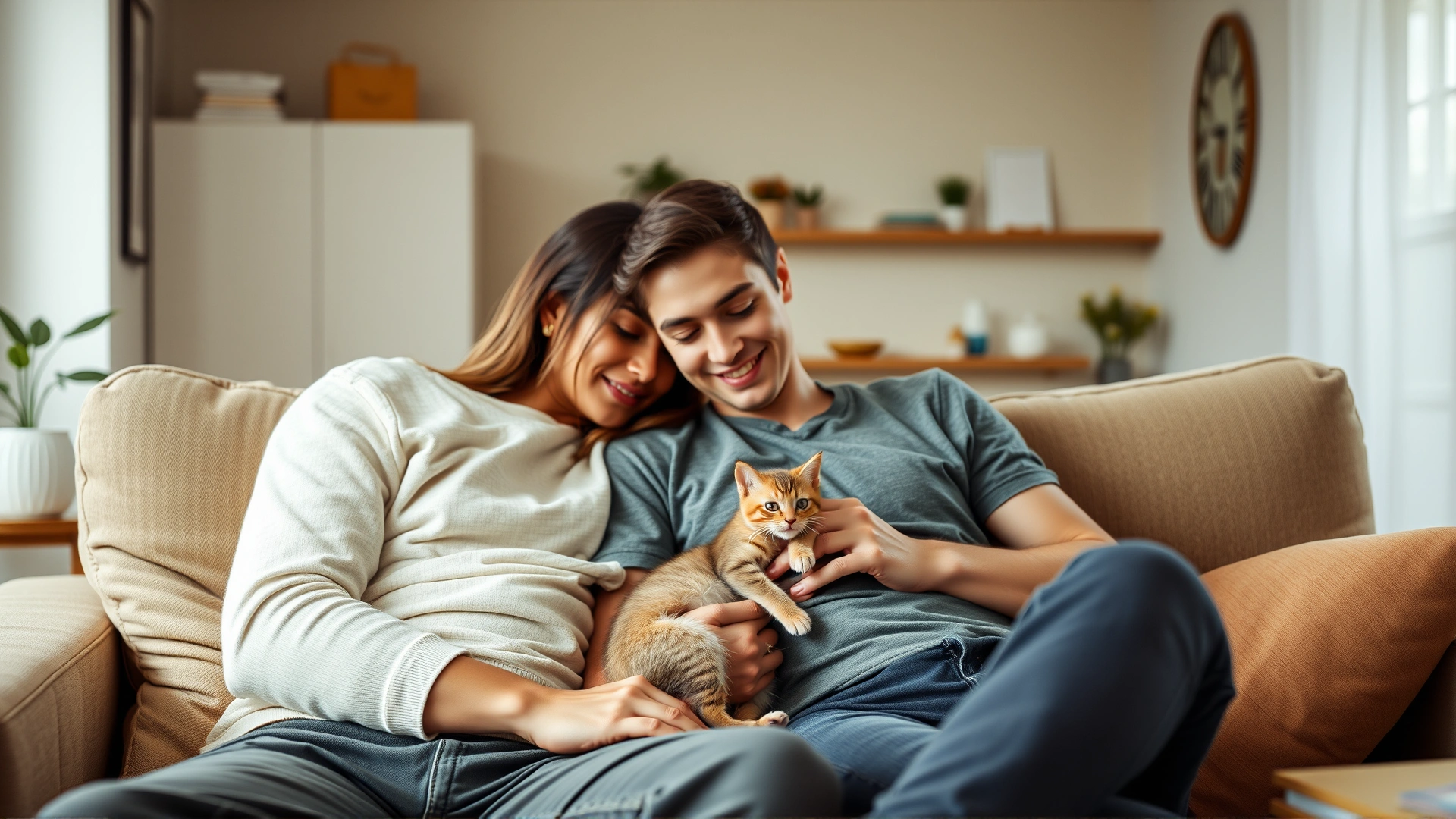 Young couple at home cuddling a foster kitten on the couch, cozy and inviting living room setting.