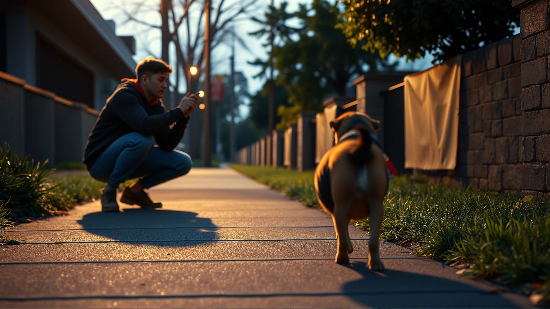 Wide-angle shot of a person crouching at a safe distance while calling a timid stray dog on a sidewalk, evening light, 16:9