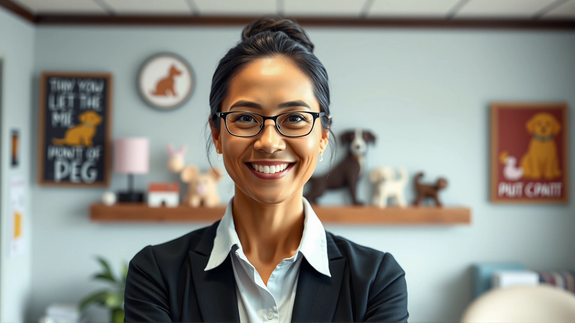 Professional portrait of a cheerful nonprofit founder standing in front of an office wall with subtle pet-themed decor, shallow depth of field. No text.