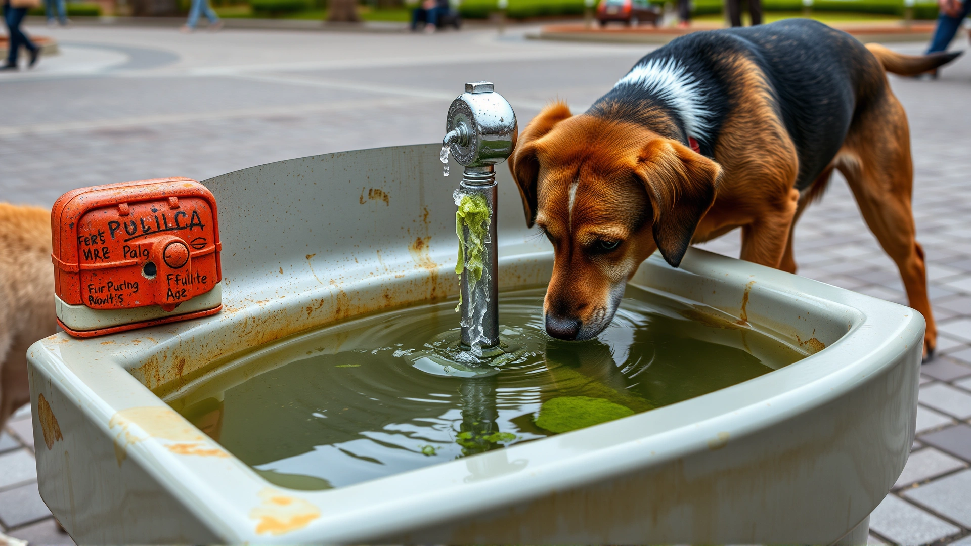 Public dog water fountain in a park with visible filter build-up and slight green biofilm, dog sniffing but not yet drinking, no text
