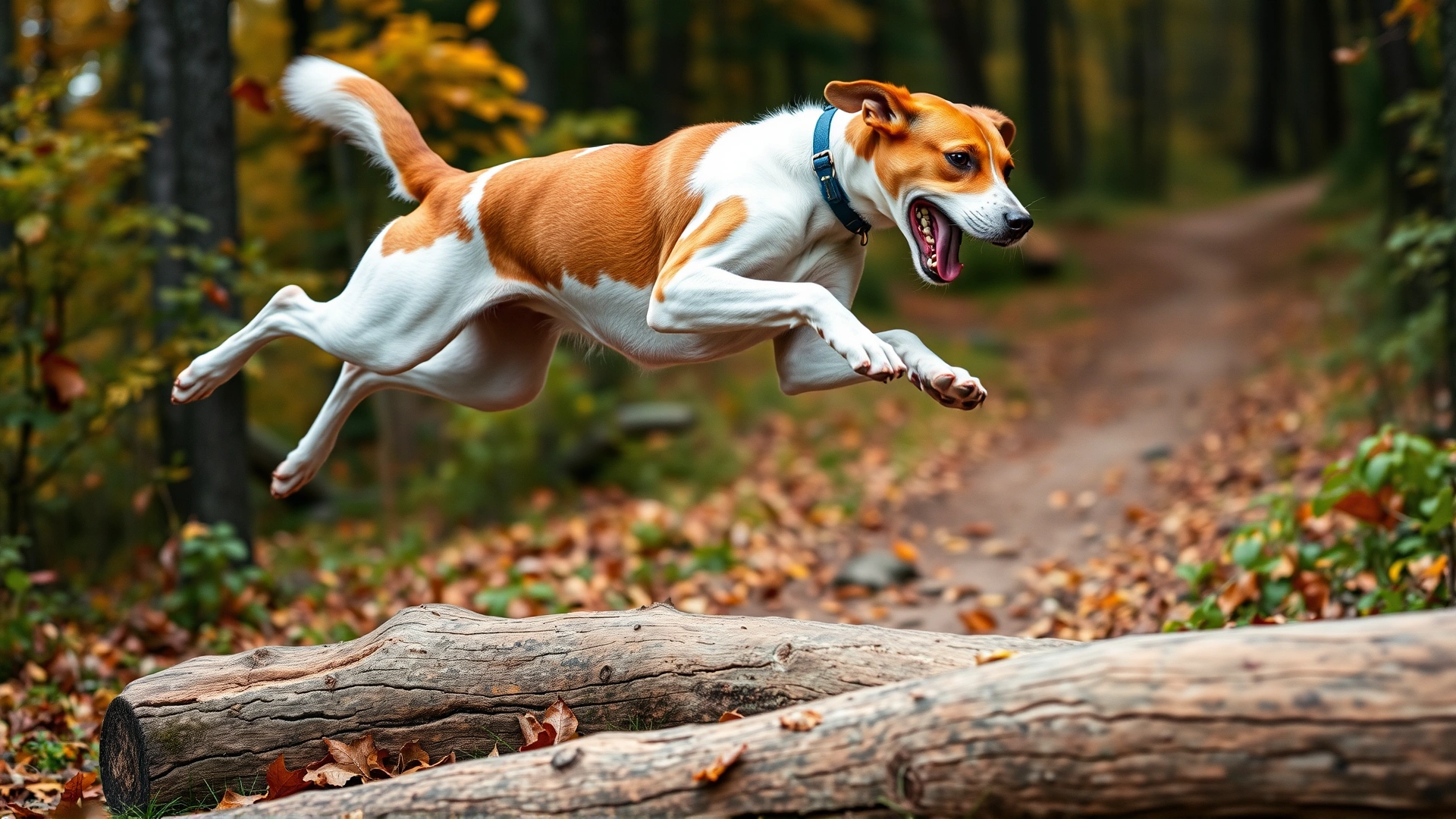 Close-up action shot of an American Foxhound leaping over a fallen log on a forest trail, autumn leaves swirling, dynamic angle, no text