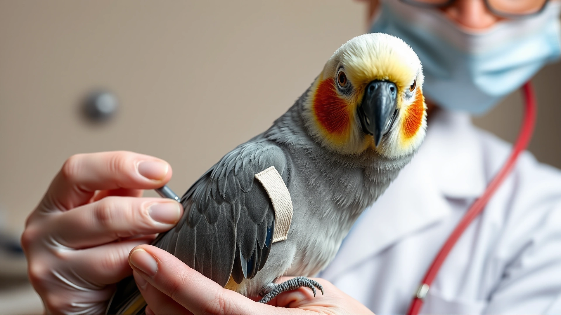Veterinarian examining a pet cockatiel’s wing with a small splint applied, neutral clinic background.