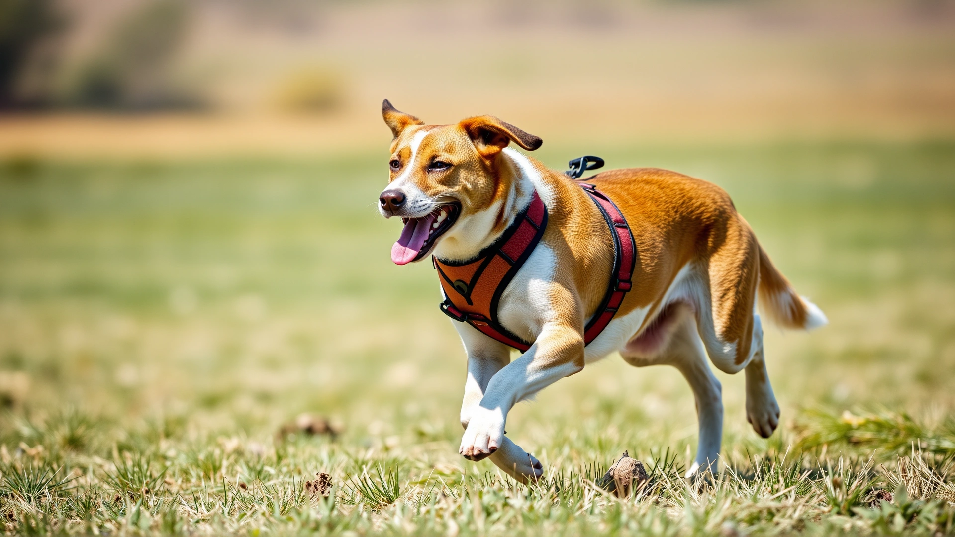 Dog running freely in an open field while wearing a properly fitted Y-shaped harness, showing full shoulder extension, bright daylight