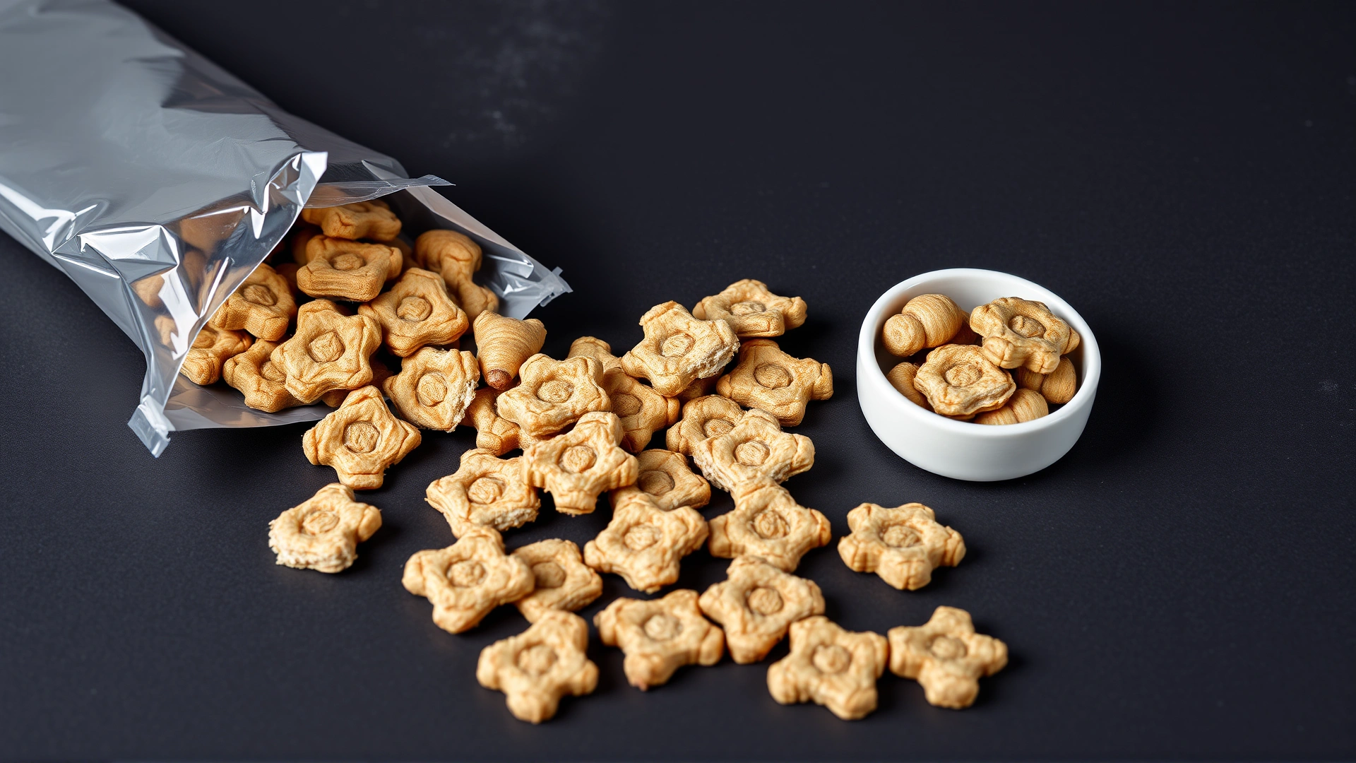Assortment of freeze-dried cat treats scattered next to an open package, photographed on a slate background.