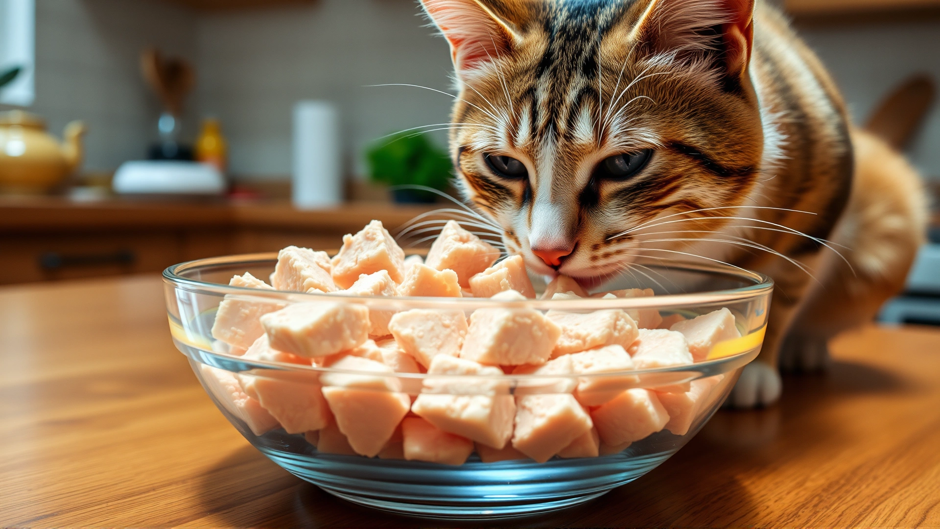 Close-up of a glass bowl filled with freeze-dried chicken cubes with a curious cat sniffing them, wooden kitchen countertop, bright lighting.