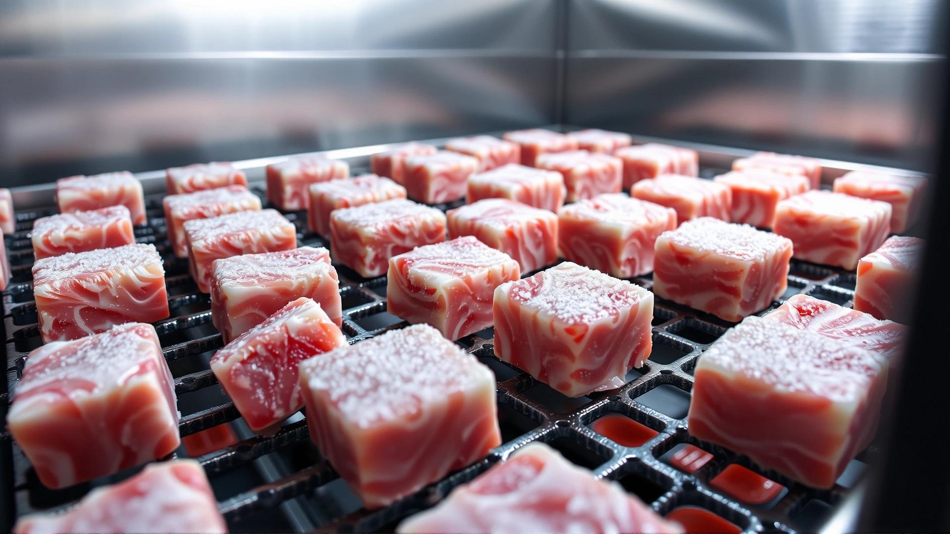 Industrial stainless steel freeze dryer trays holding rows of raw meat cubes being freeze dried, slightly frosted appearance