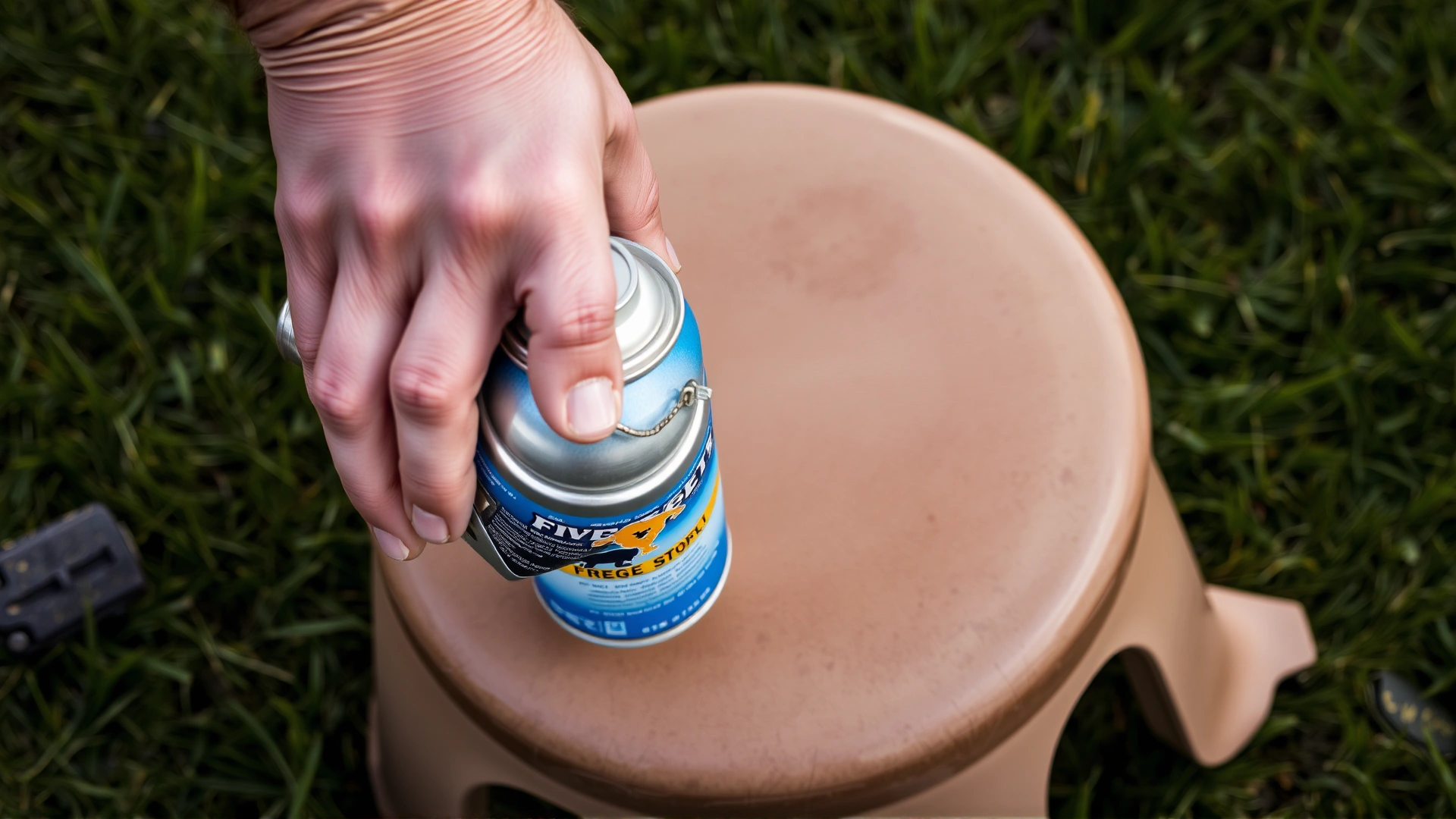 Close-up of a hand holding a can of freeze spray above a soft dog stool on grass, illustrating the hardening technique.