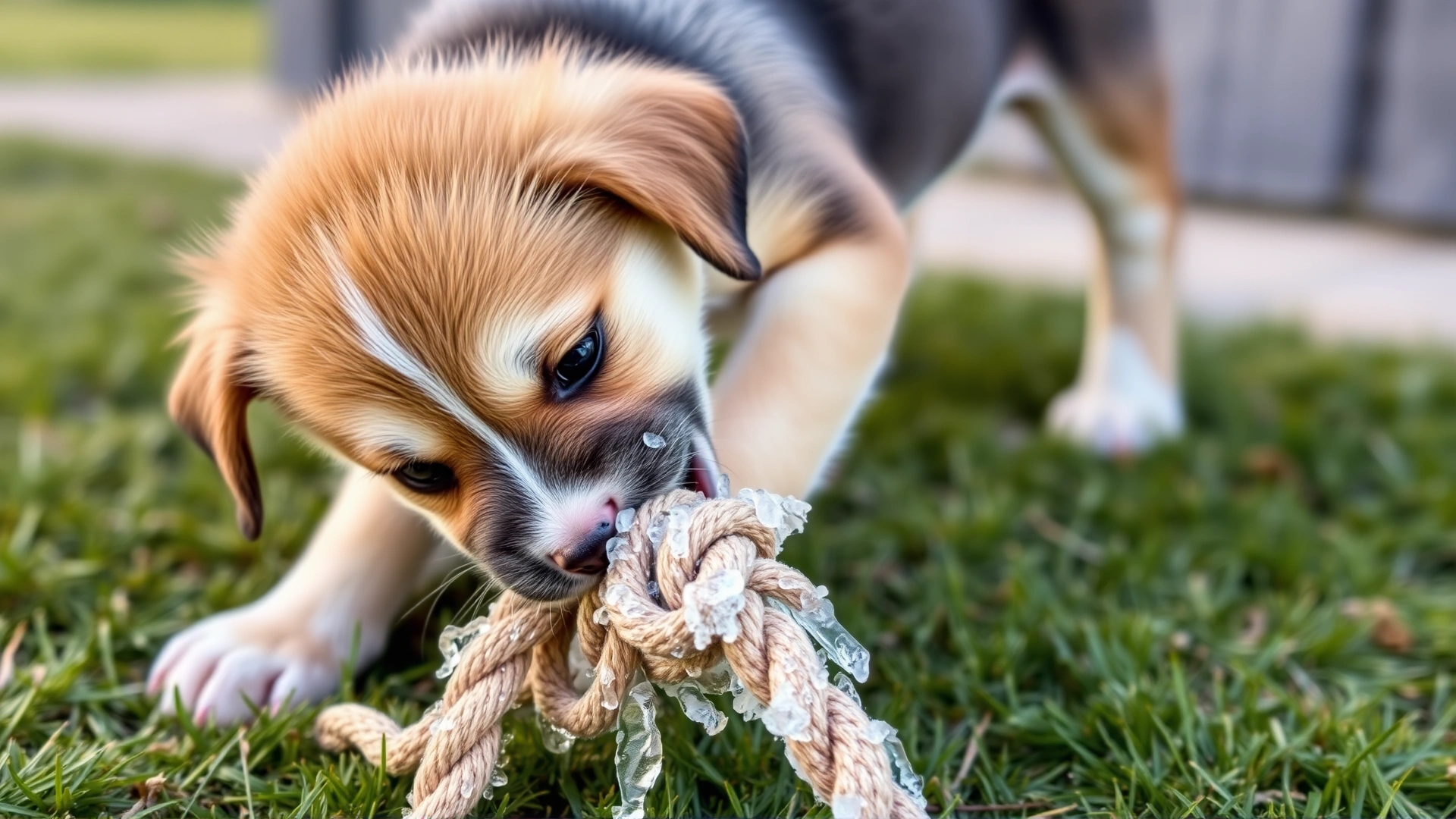 A 3-month-old mixed-breed puppy gnawing on a partially frozen rope toy outdoors on grass.